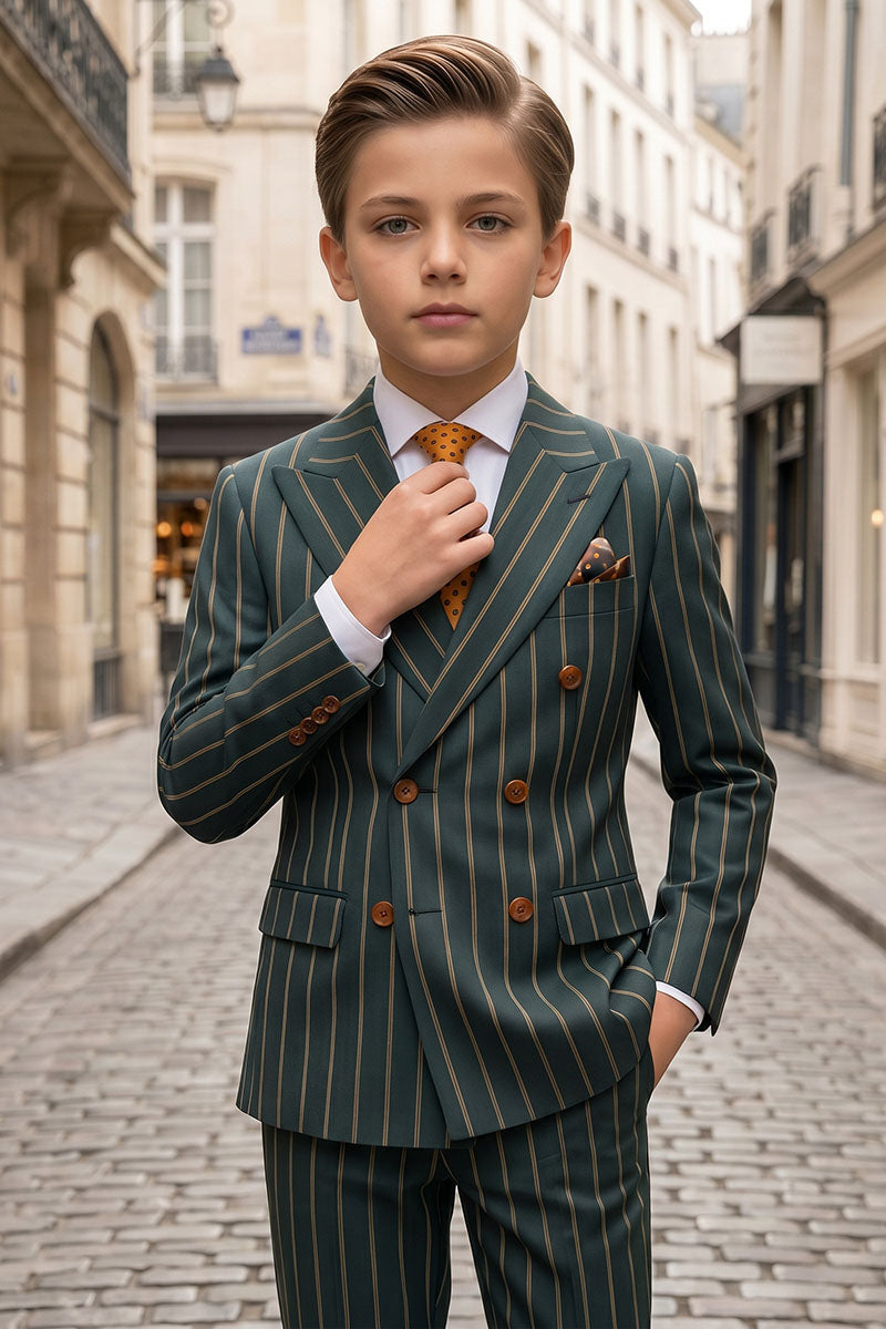 Boys Dark Green Pinstripe Double-Breasted 2-Piece Suit for Weddings