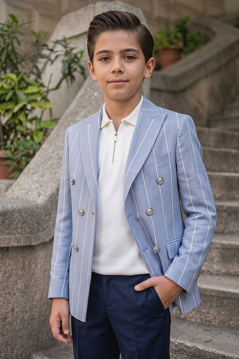 Boys Light Blue Pinstripe Double-Breasted Blazer with Navy Trousers 2-Piece Suit