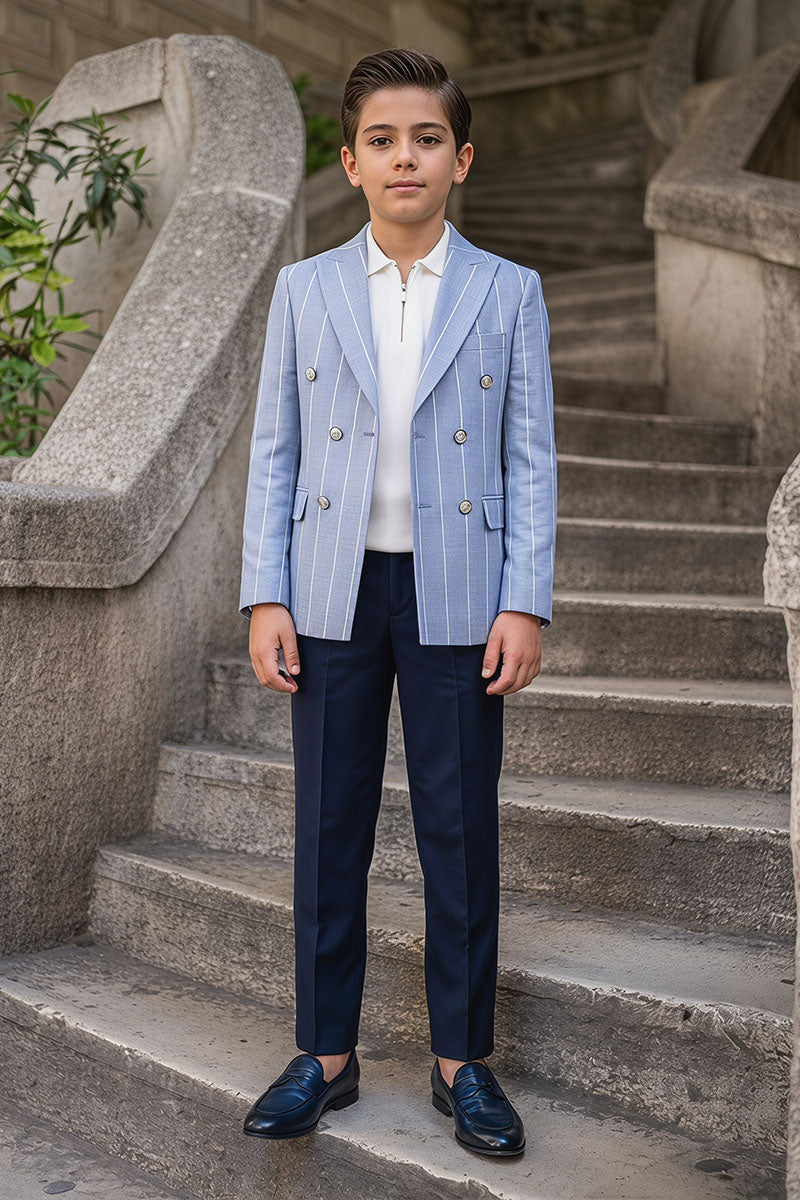 Boys Light Blue Pinstripe Double-Breasted Blazer with Navy Trousers 2-Piece Suit
