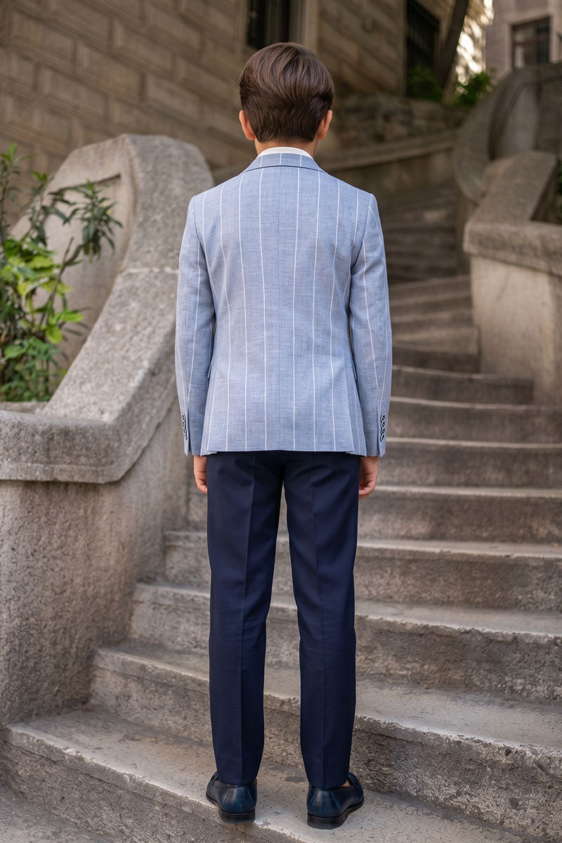Boys Light Blue Pinstripe Double-Breasted Blazer with Navy Trousers 2-Piece Suit