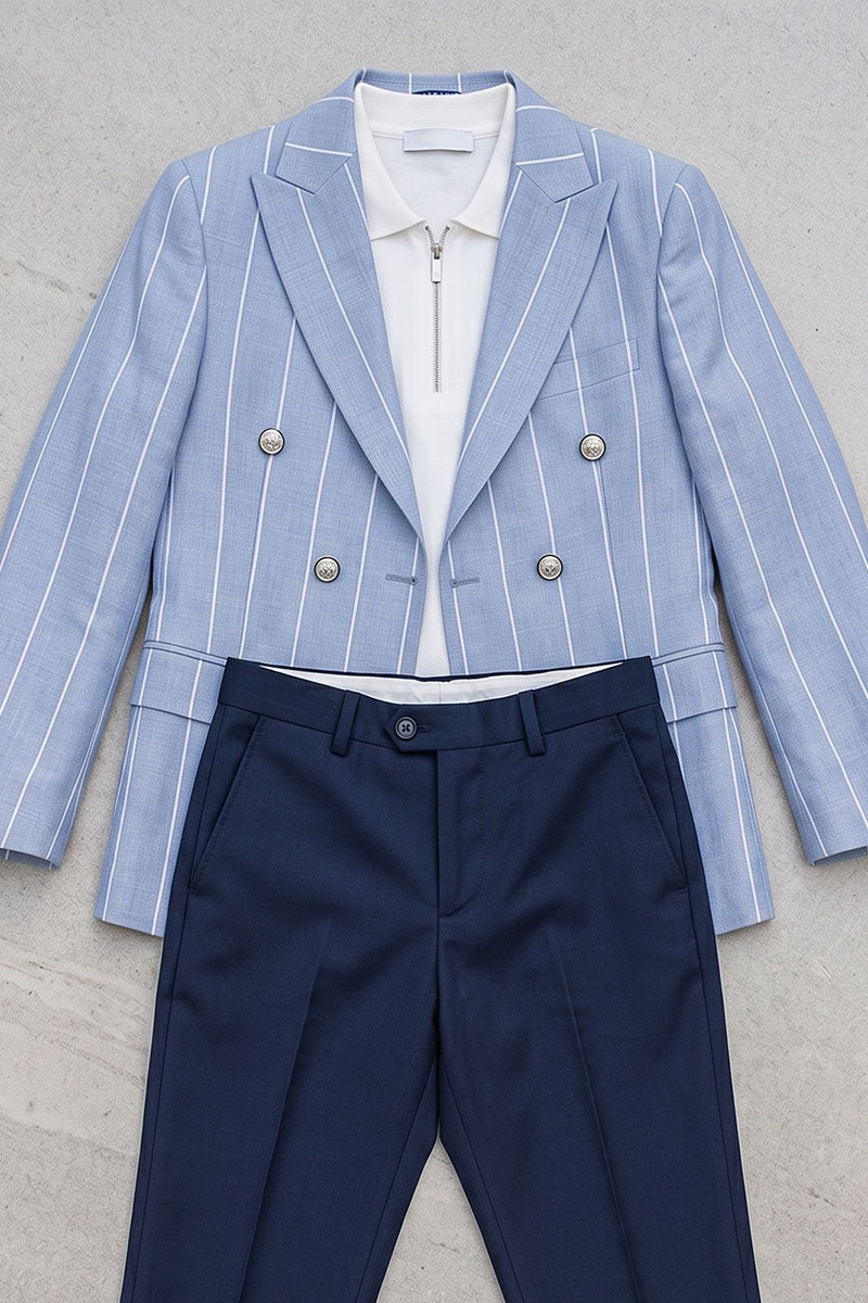 Boys Light Blue Pinstripe Double-Breasted Blazer with Navy Trousers 2-Piece Suit