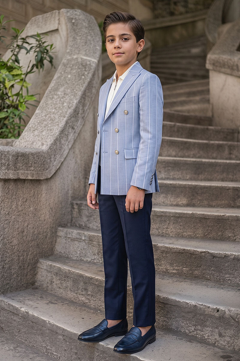Boys Light Blue Pinstripe Double-Breasted Blazer with Navy Trousers 2-Piece Suit