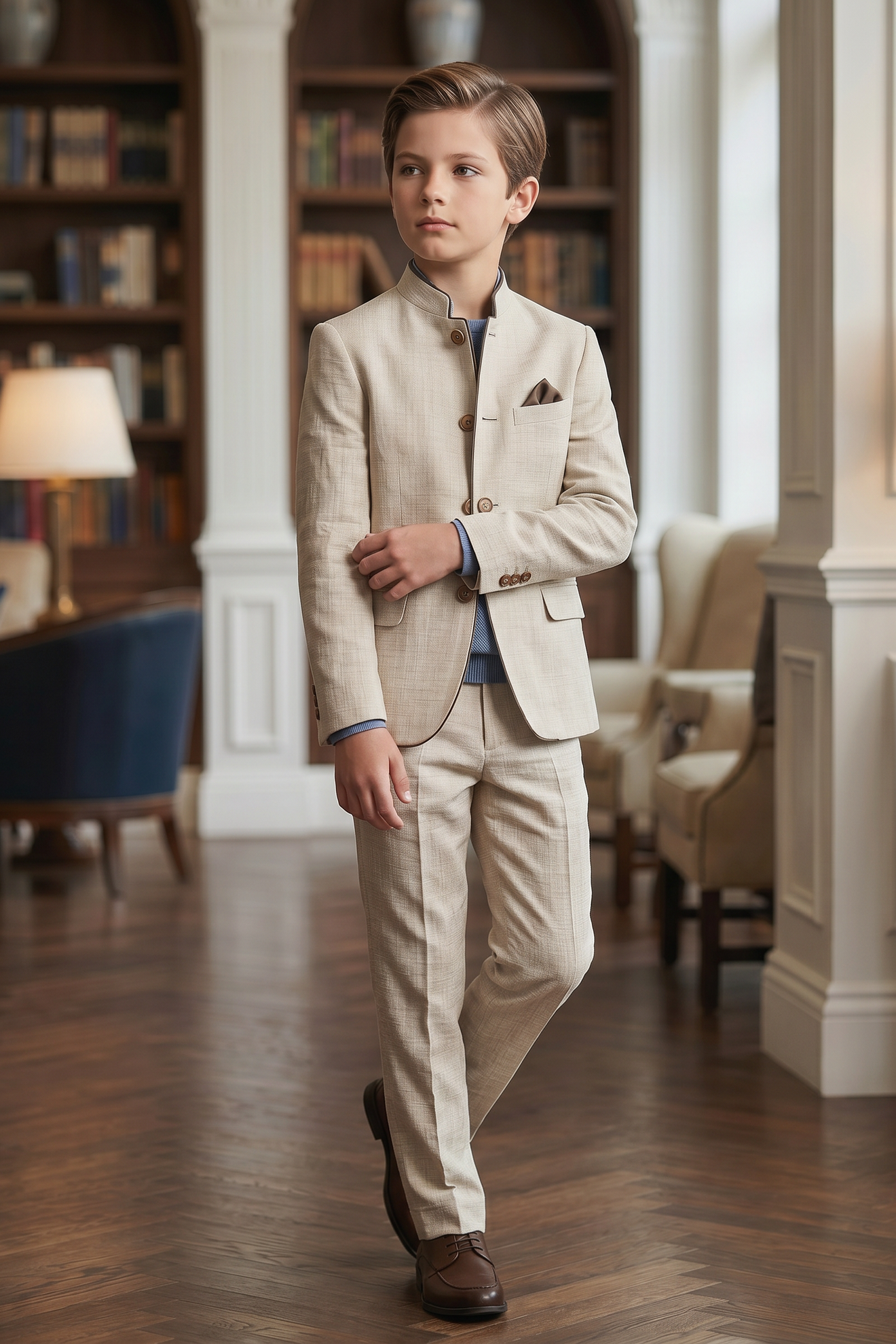 Light Brown Cotton Linen Single-Breasted 2-Piece Suit