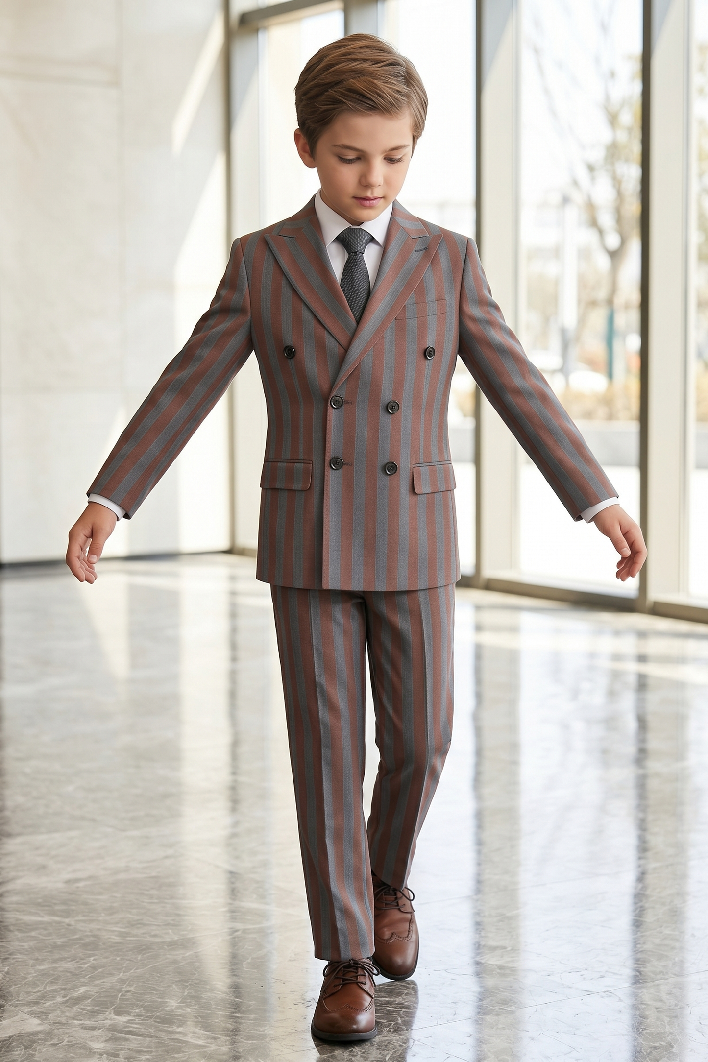Gray And Brown Striped Serge Double-Breasted 2-Piece Suit