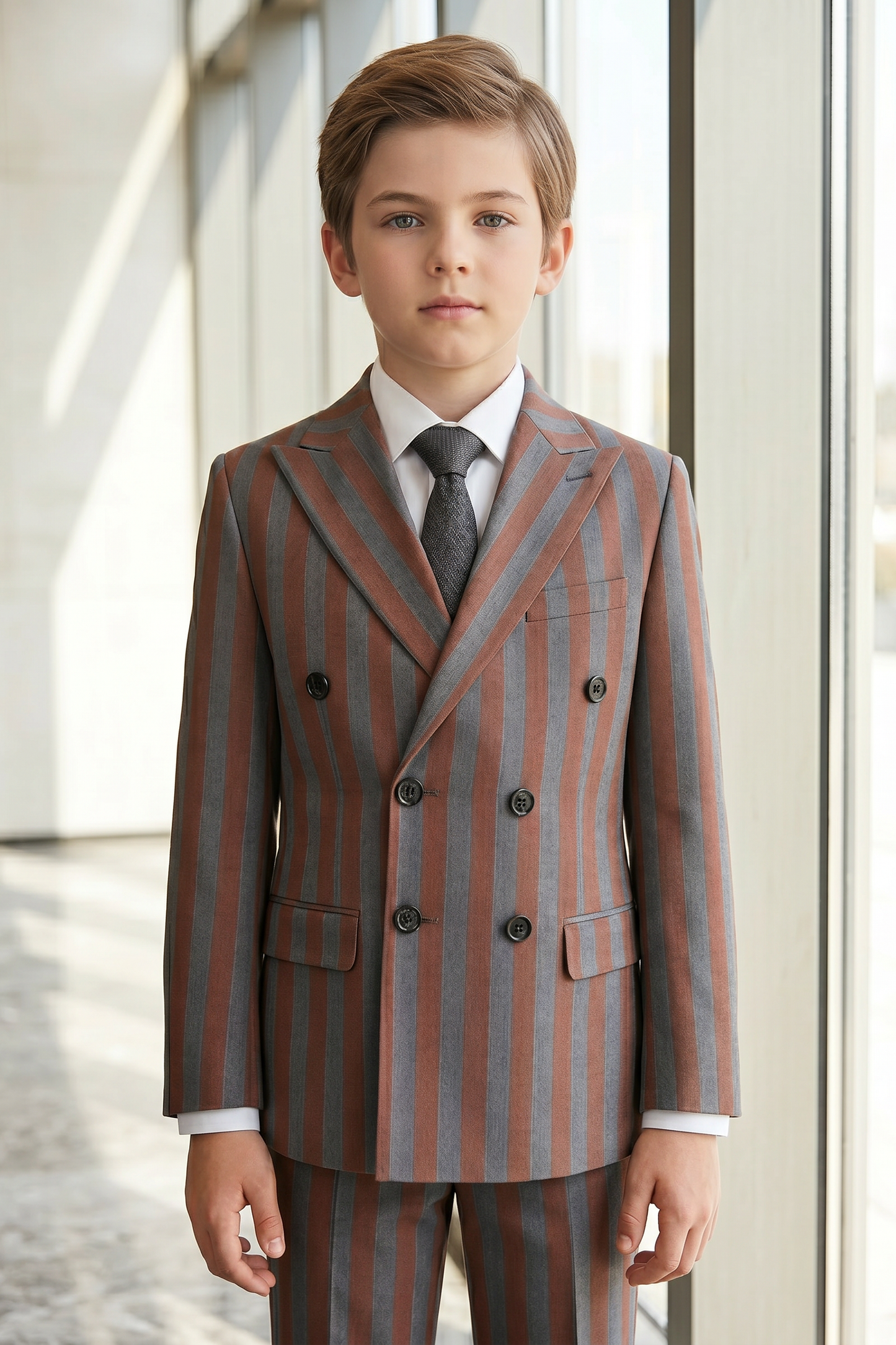Gray And Brown Striped Serge Double-Breasted 2-Piece Suit