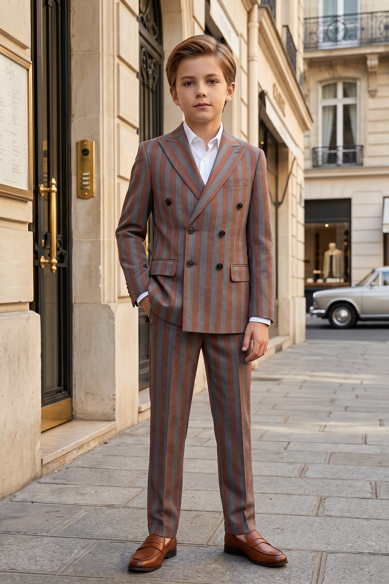Gray And Brown Striped Serge Double-Breasted 2-Piece Suit