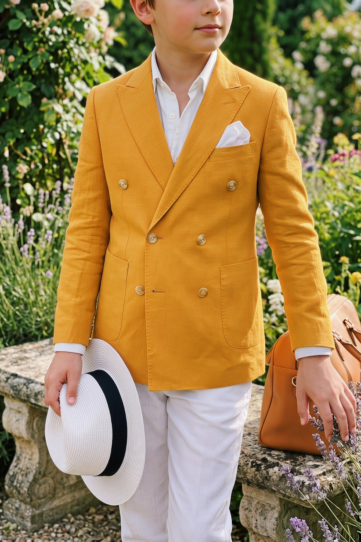 Orange And White Cotton Linen Double-Breasted 2-Piece Suit