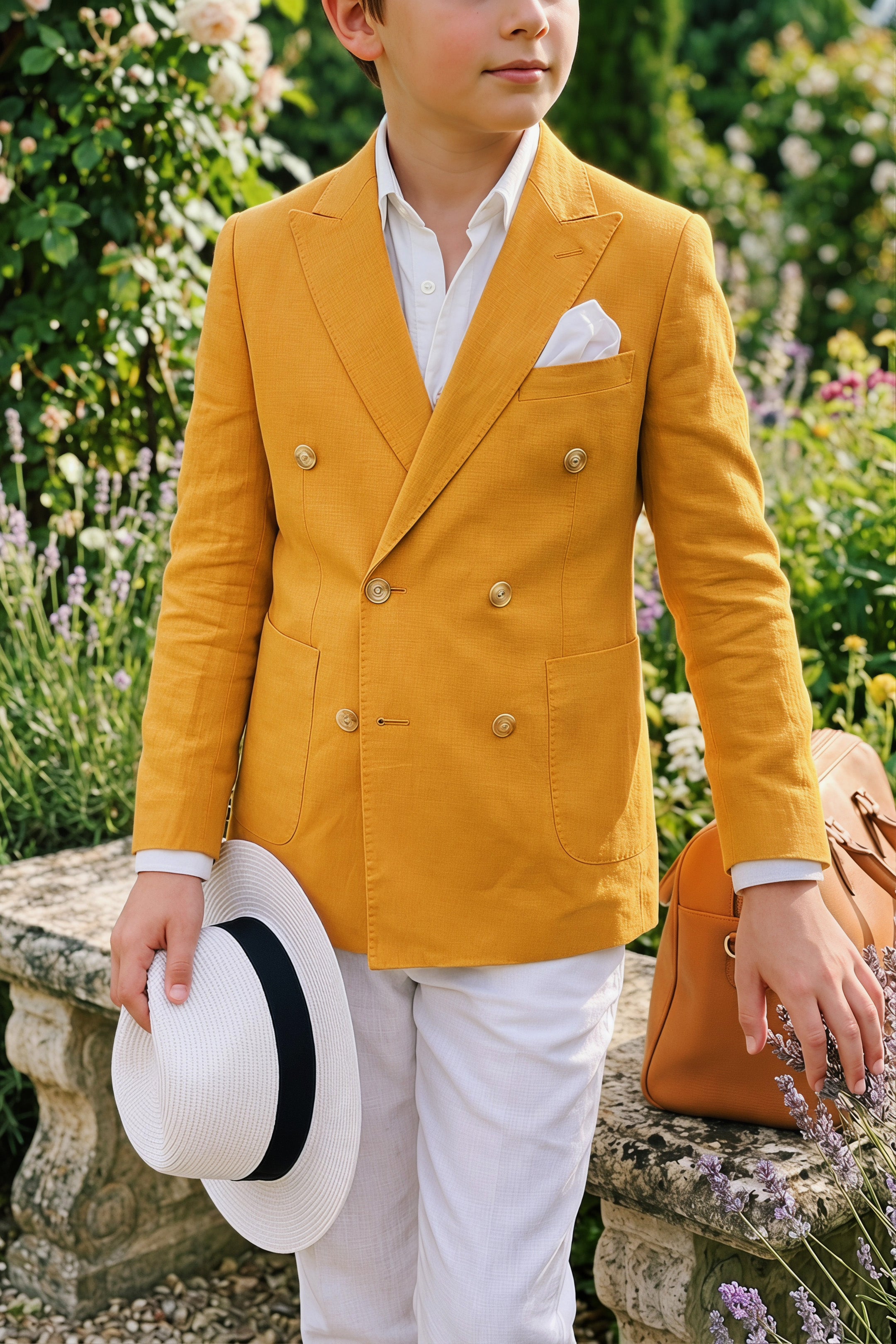 Orange And White Cotton Linen Double-Breasted 2-Piece Suit