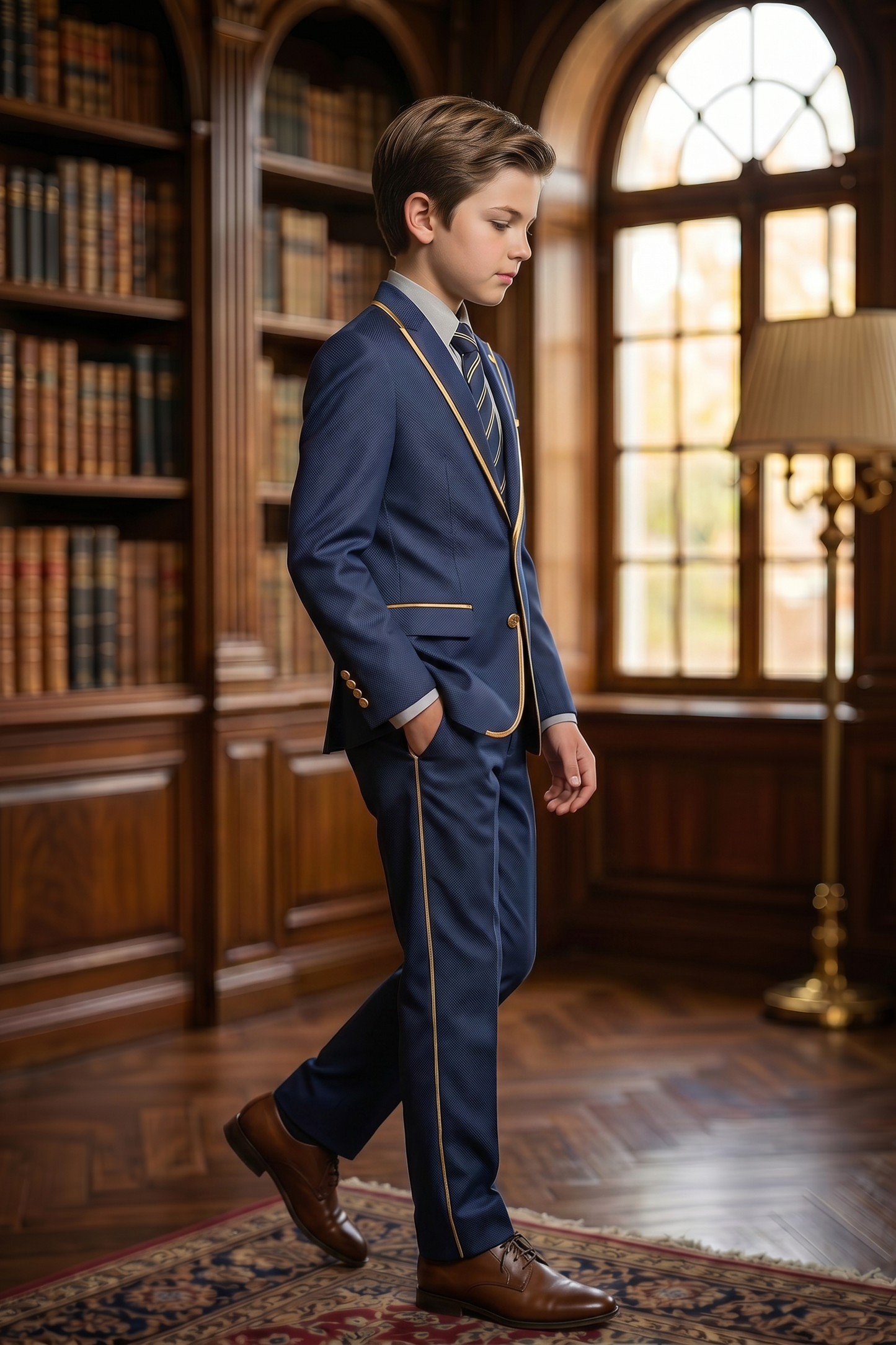 Navy Blue Gold Trim Single-Breasted 2-Piece Suit