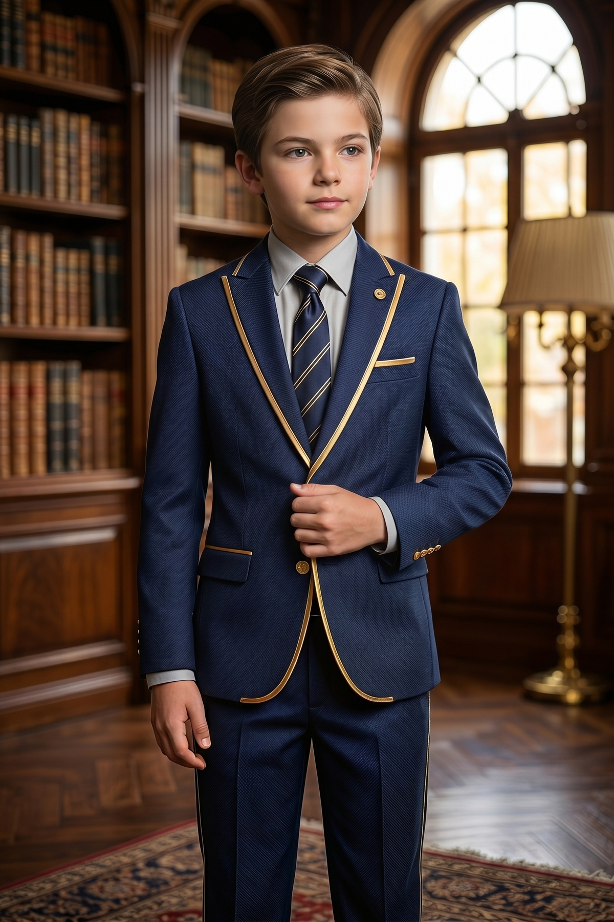 Navy Blue Gold Trim Single-Breasted 2-Piece Suit