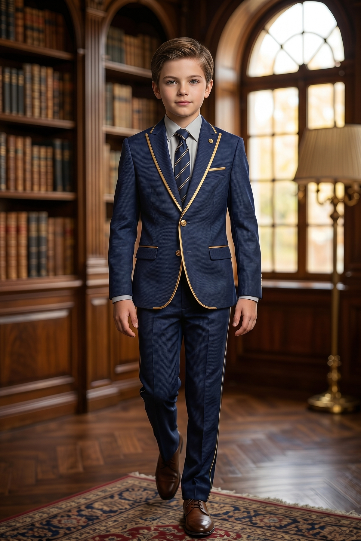 Navy Blue Gold Trim Single-Breasted 2-Piece Suit