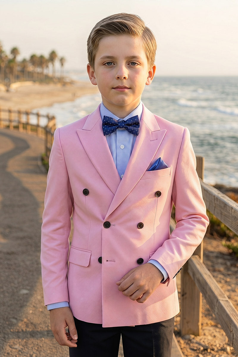 Boys Pink Double-Breasted Blazer with Black Trousers 2-Piece Suit