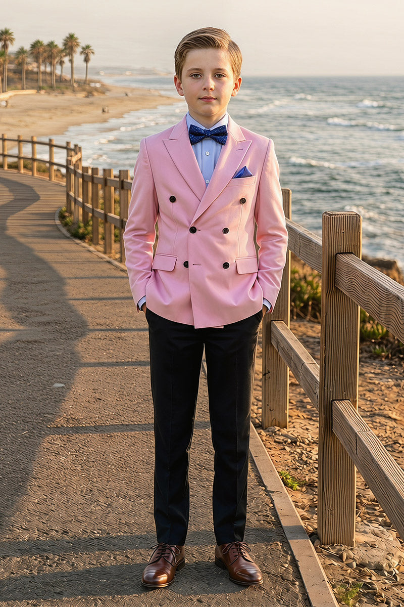 Boys Pink Double-Breasted Blazer with Black Trousers 2-Piece Suit