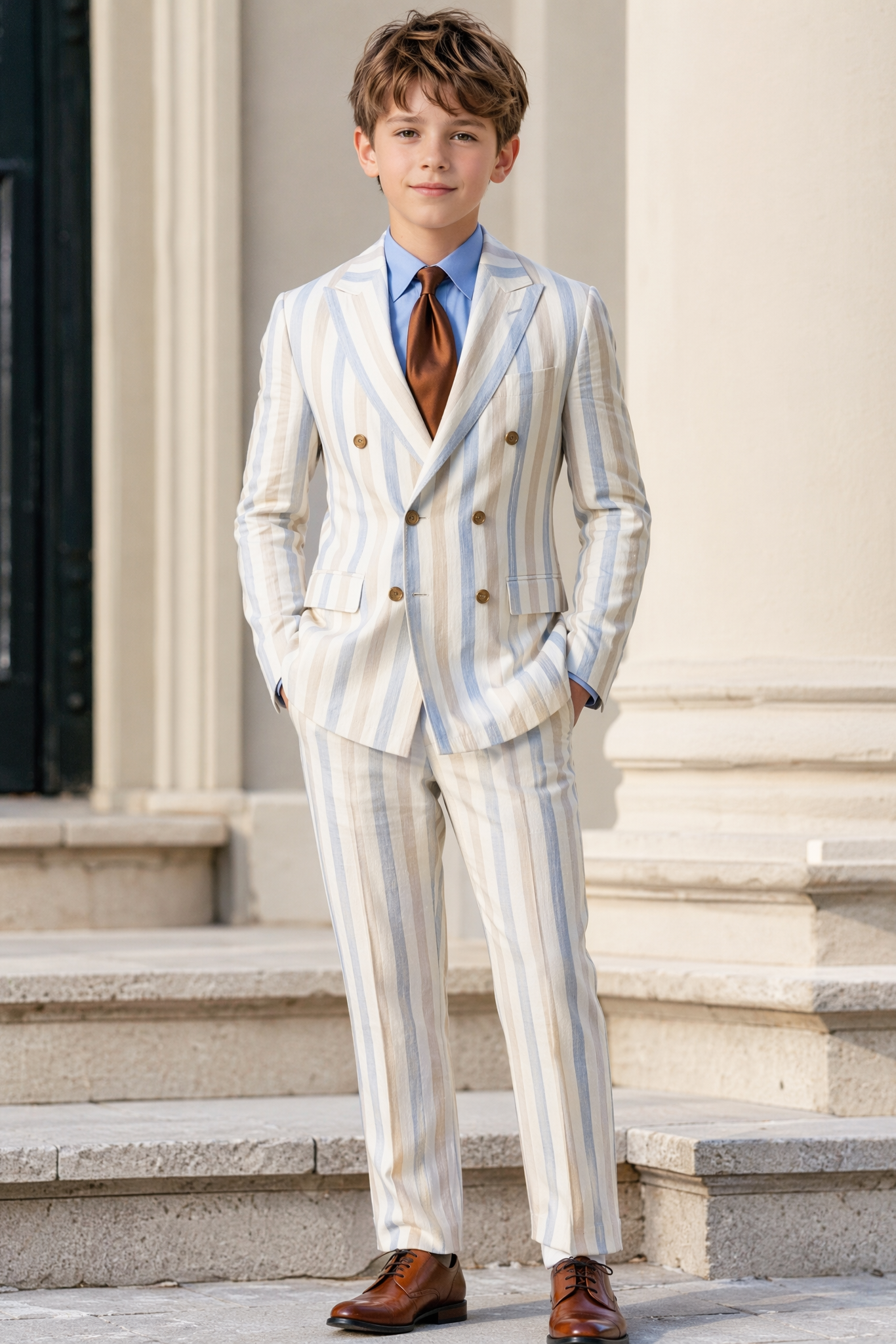 White Color-Blocked Striped Double-Breasted 2-Piece Suit