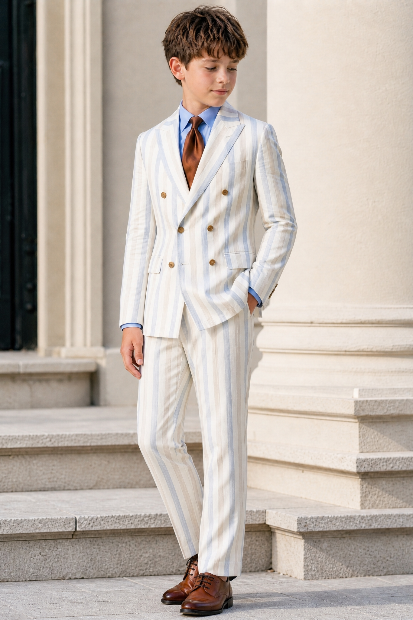 White Color-Blocked Striped Double-Breasted 2-Piece Suit