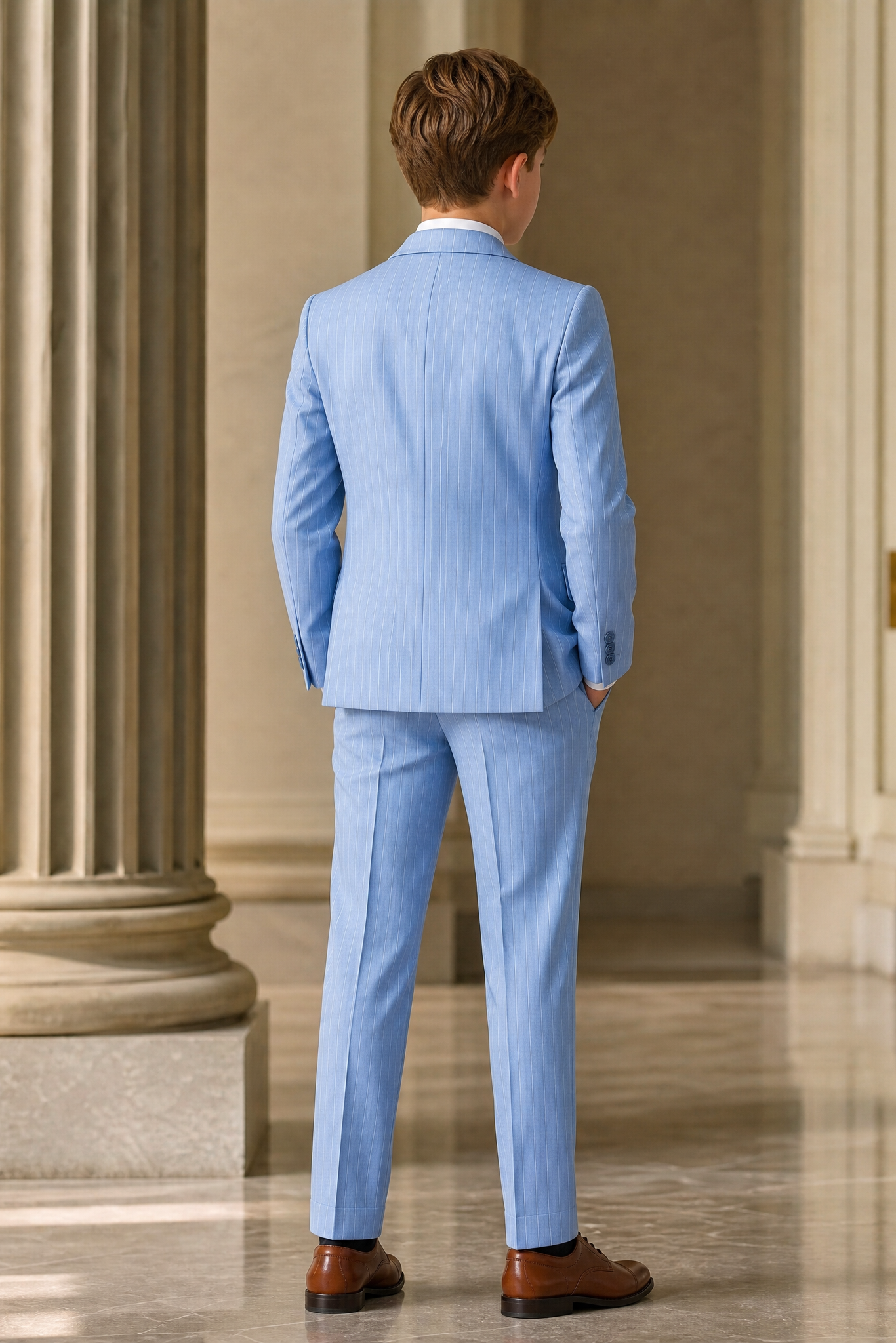 Light Blue Striped Single-Breasted 3-Piece Suit