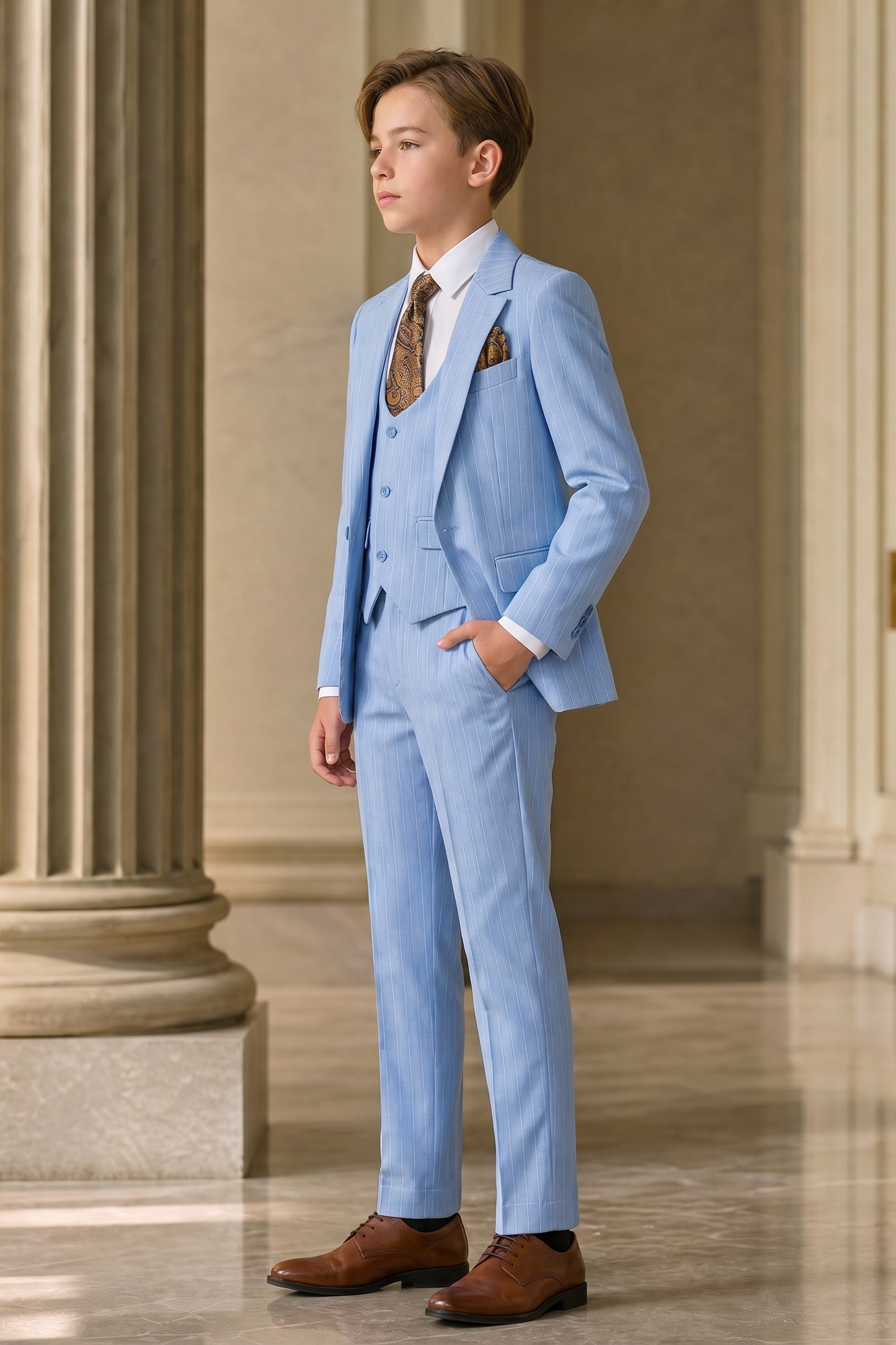 Light Blue Striped Single-Breasted 3-Piece Suit