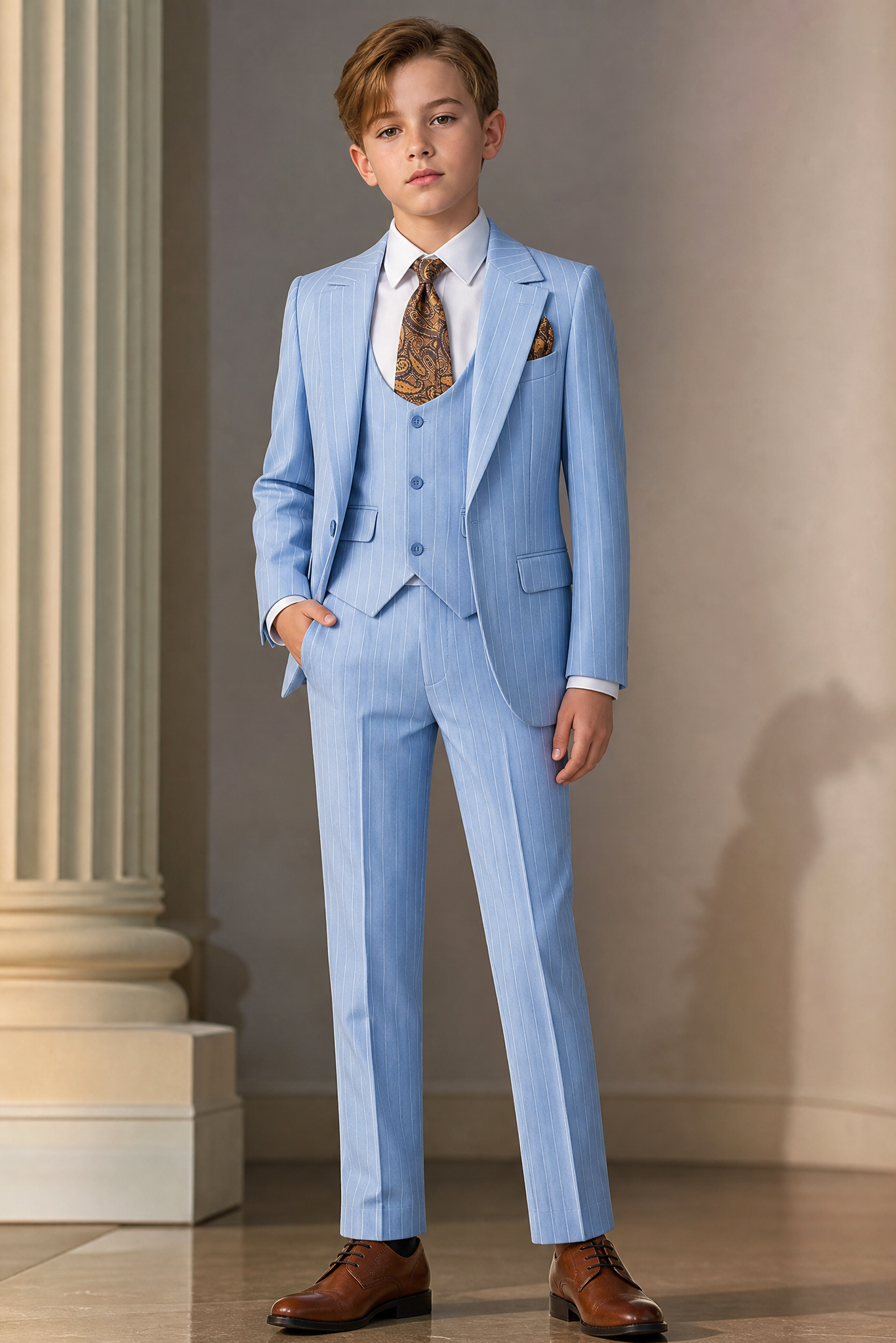 Light Blue Striped Single-Breasted 3-Piece Suit