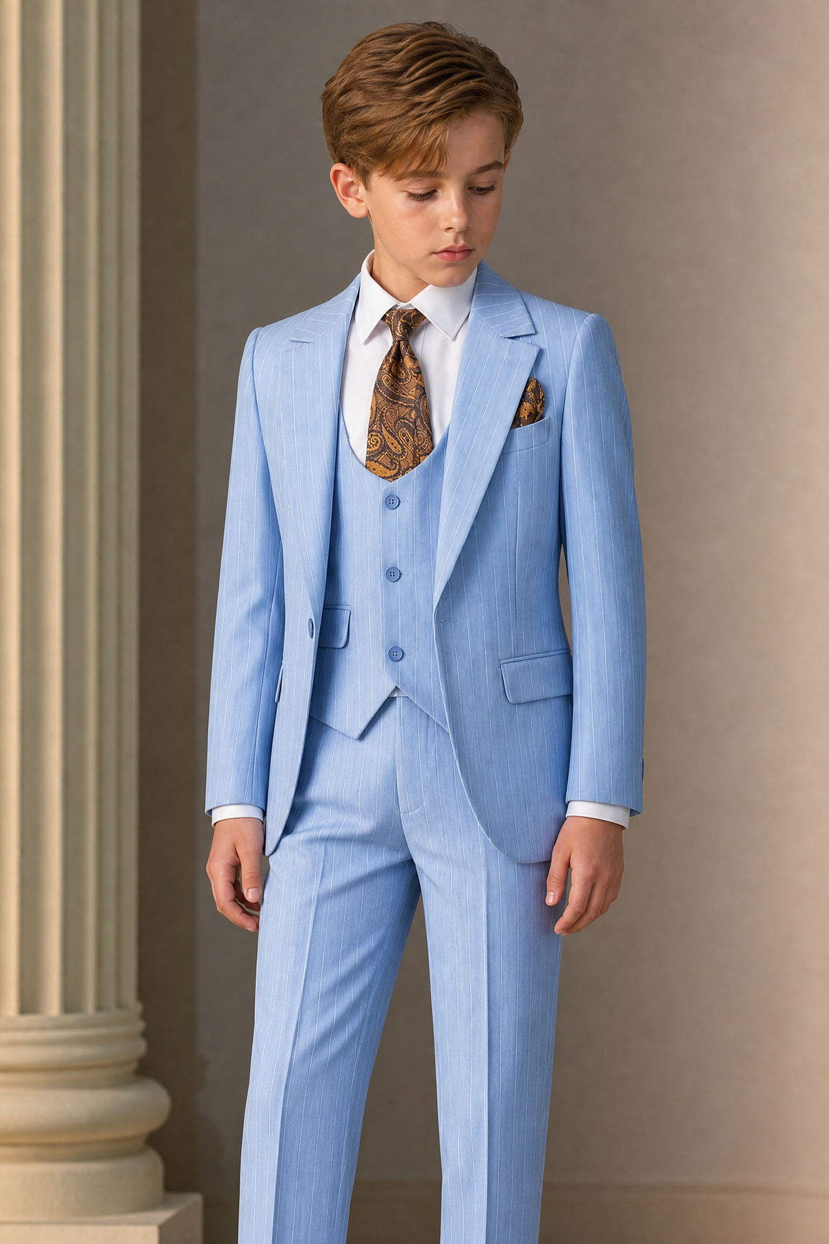 Light Blue Striped Single-Breasted 3-Piece Suit