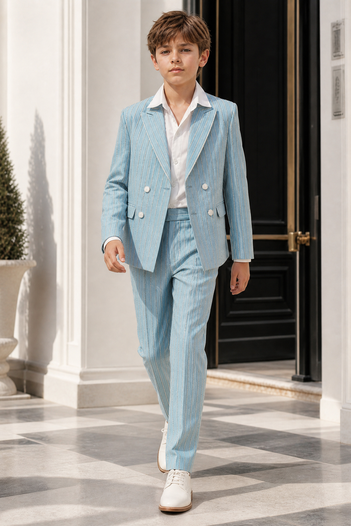 Light Blue Striped Print Double-Breasted 2-Piece Suit