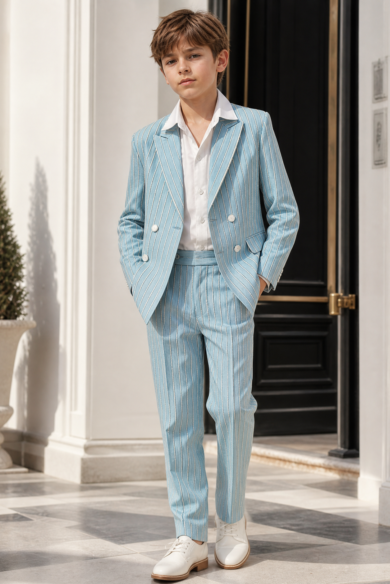 Light Blue Striped Print Double-Breasted 2-Piece Suit