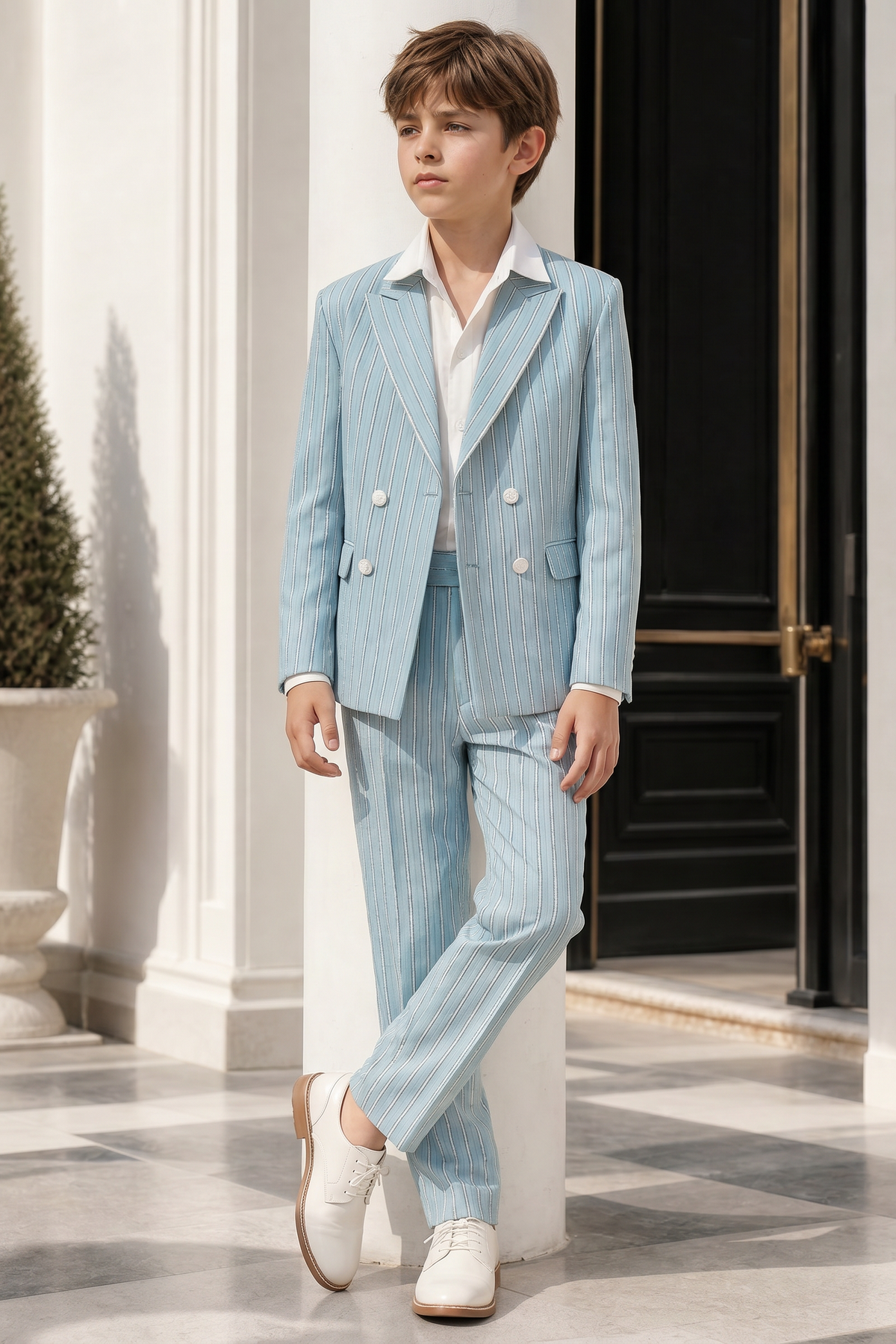Light Blue Striped Print Double-Breasted 2-Piece Suit