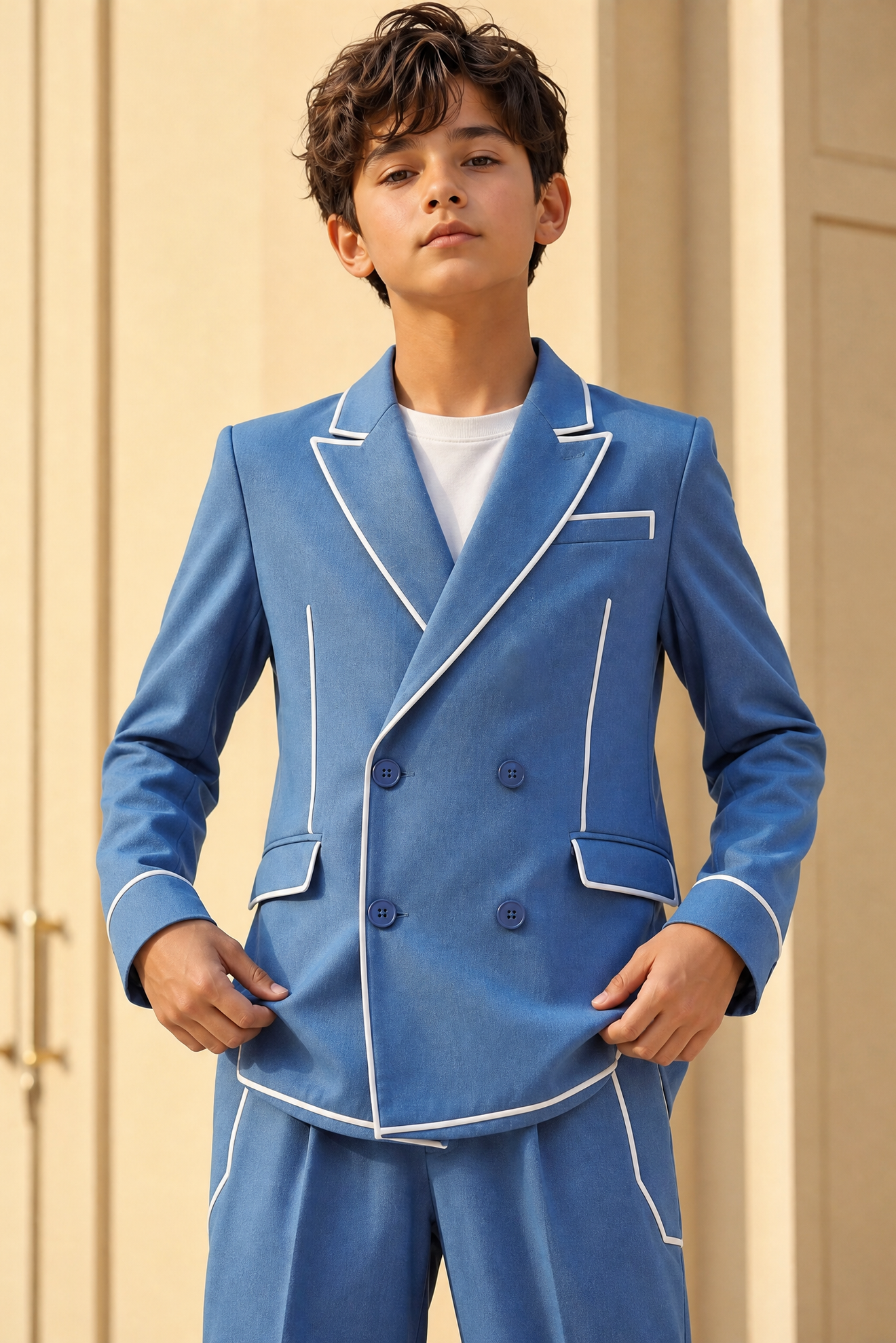 Blue And White Trim Double-Breasted 2-Piece Suit