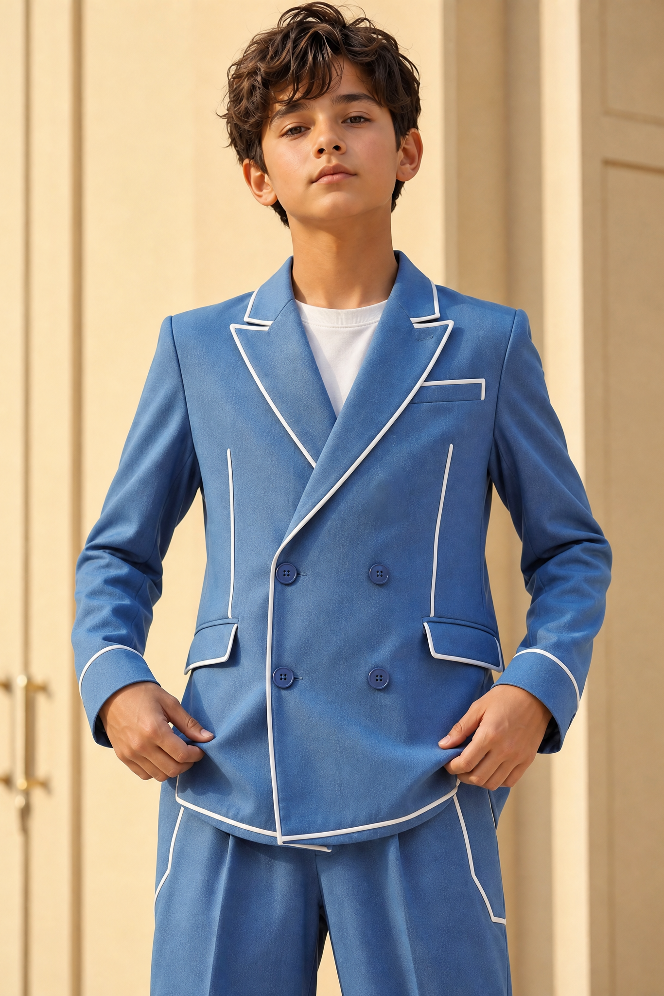 Blue And White Trim Double-Breasted 2-Piece Suit