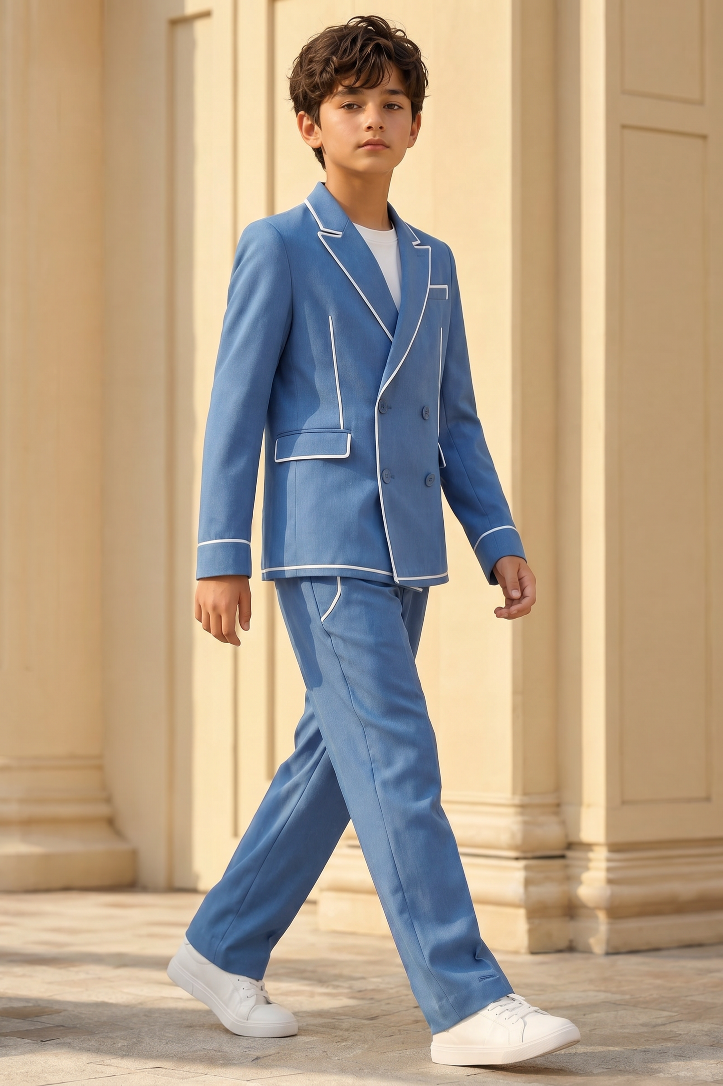 Blue And White Trim Double-Breasted 2-Piece Suit