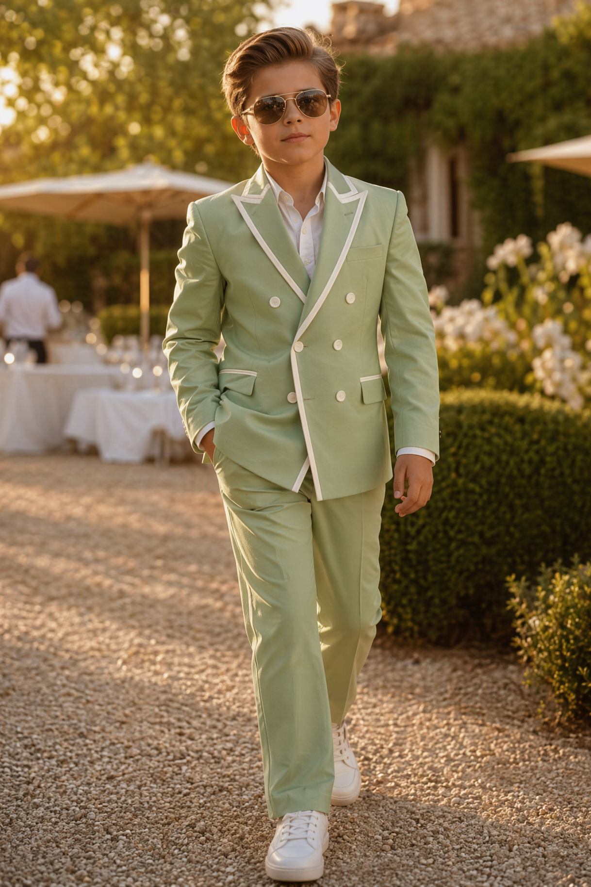 Light Green And White-Trimmed Double-Breasted 2-Piece Suit