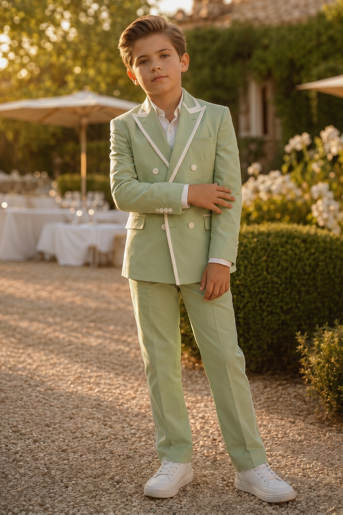 Light Green And White-Trimmed Double-Breasted 2-Piece Suit