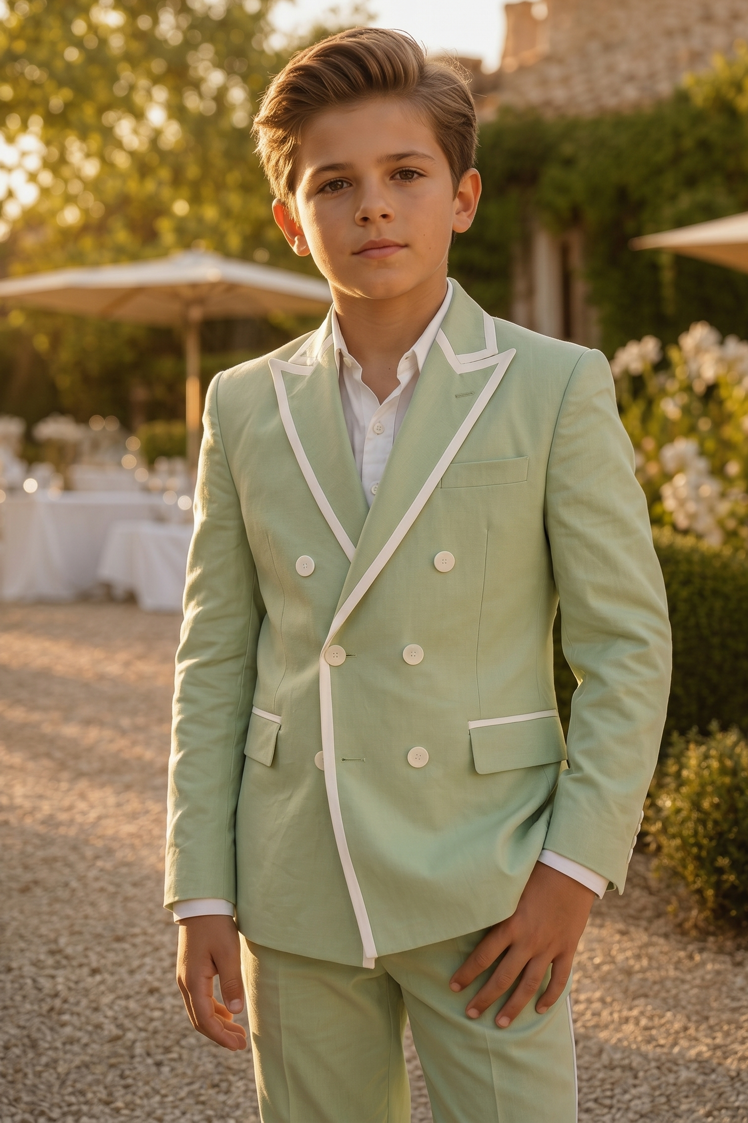 Light Green And White-Trimmed Double-Breasted 2-Piece Suit
