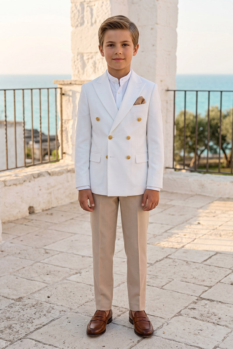 Boys White Double-Breasted Blazer 2-Piece Suit for Weddings