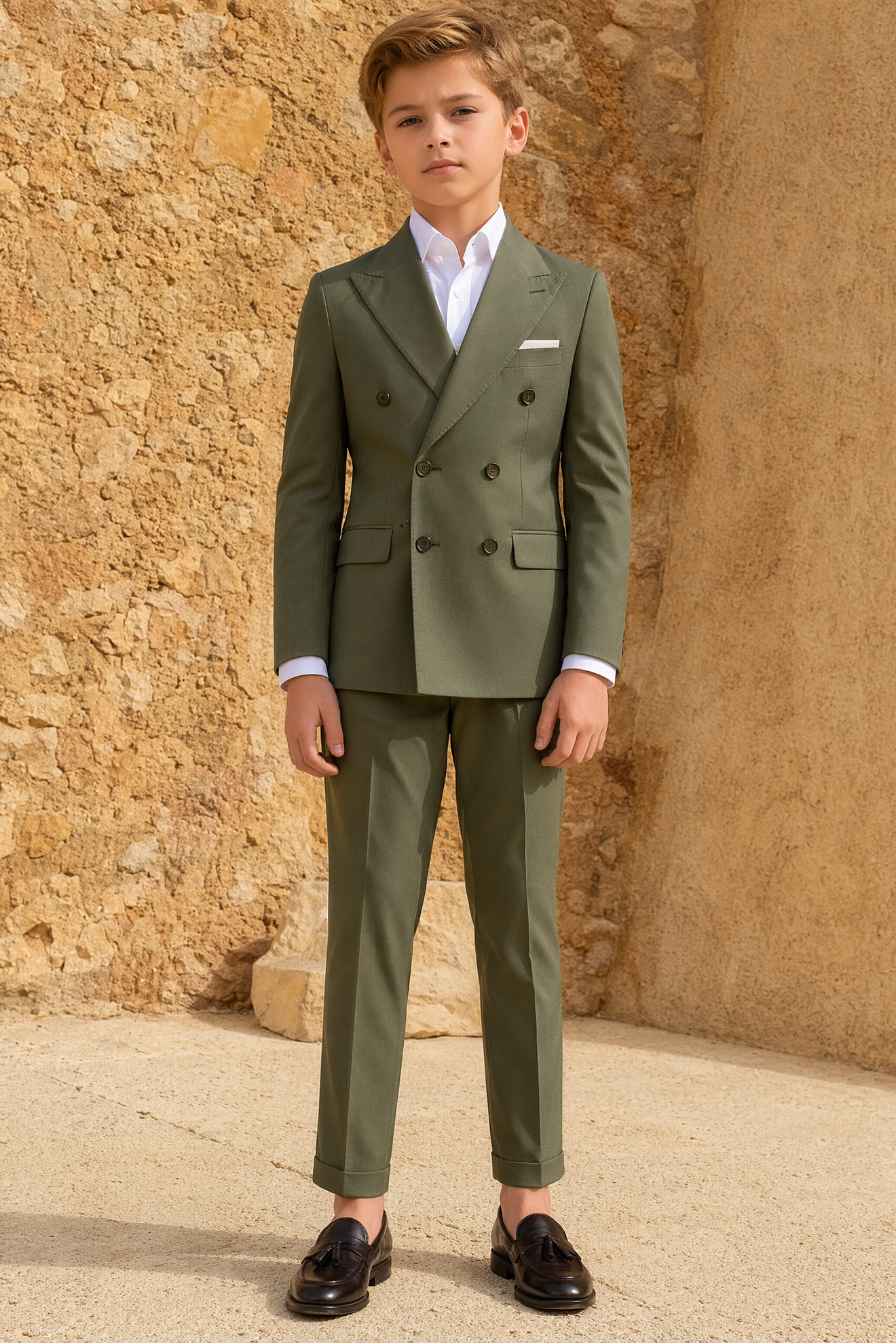 Olive green serge double-breasted two-piece suit