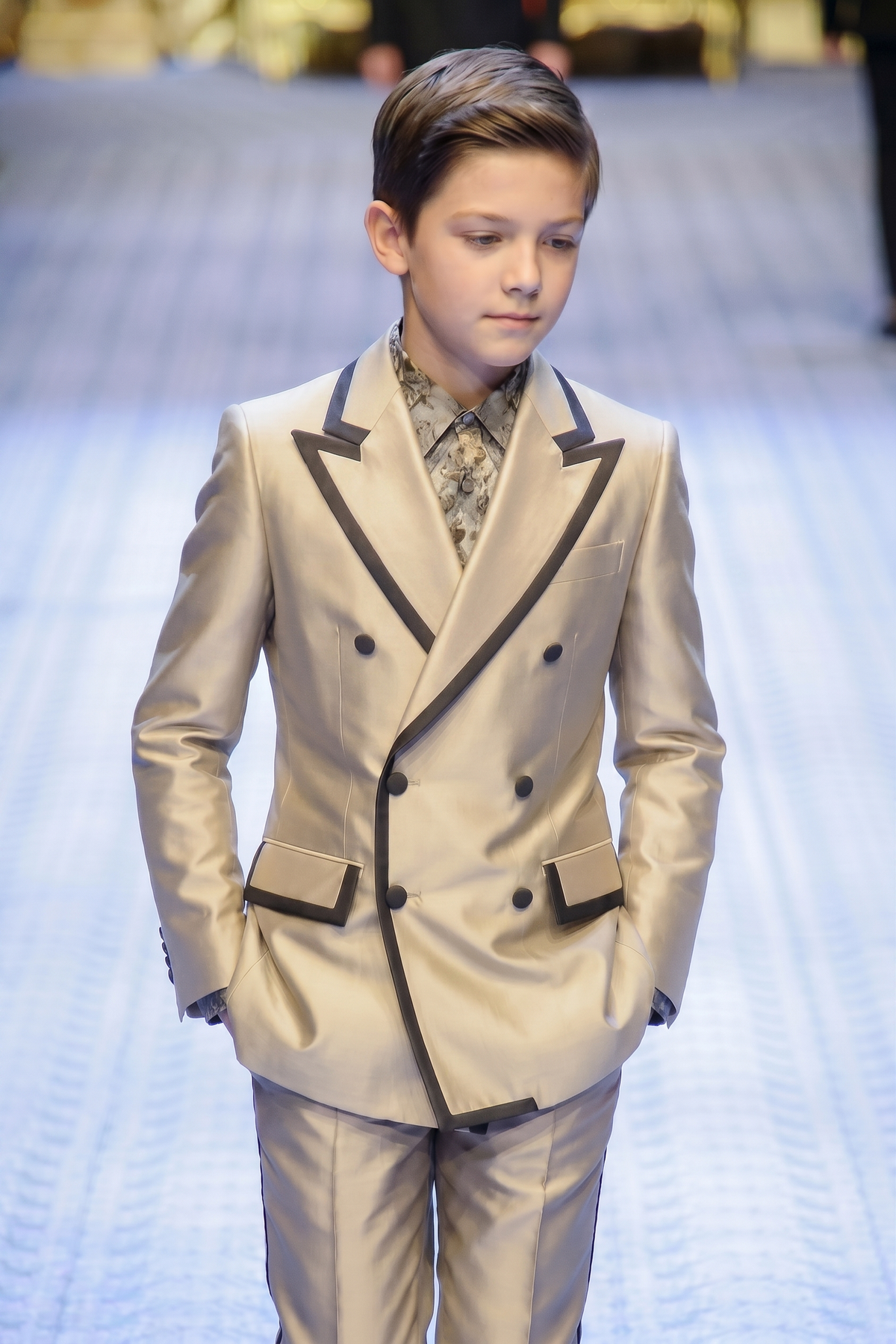 Champagne-Colored Black Trim Satin Double-Breasted 2-Piece Suit