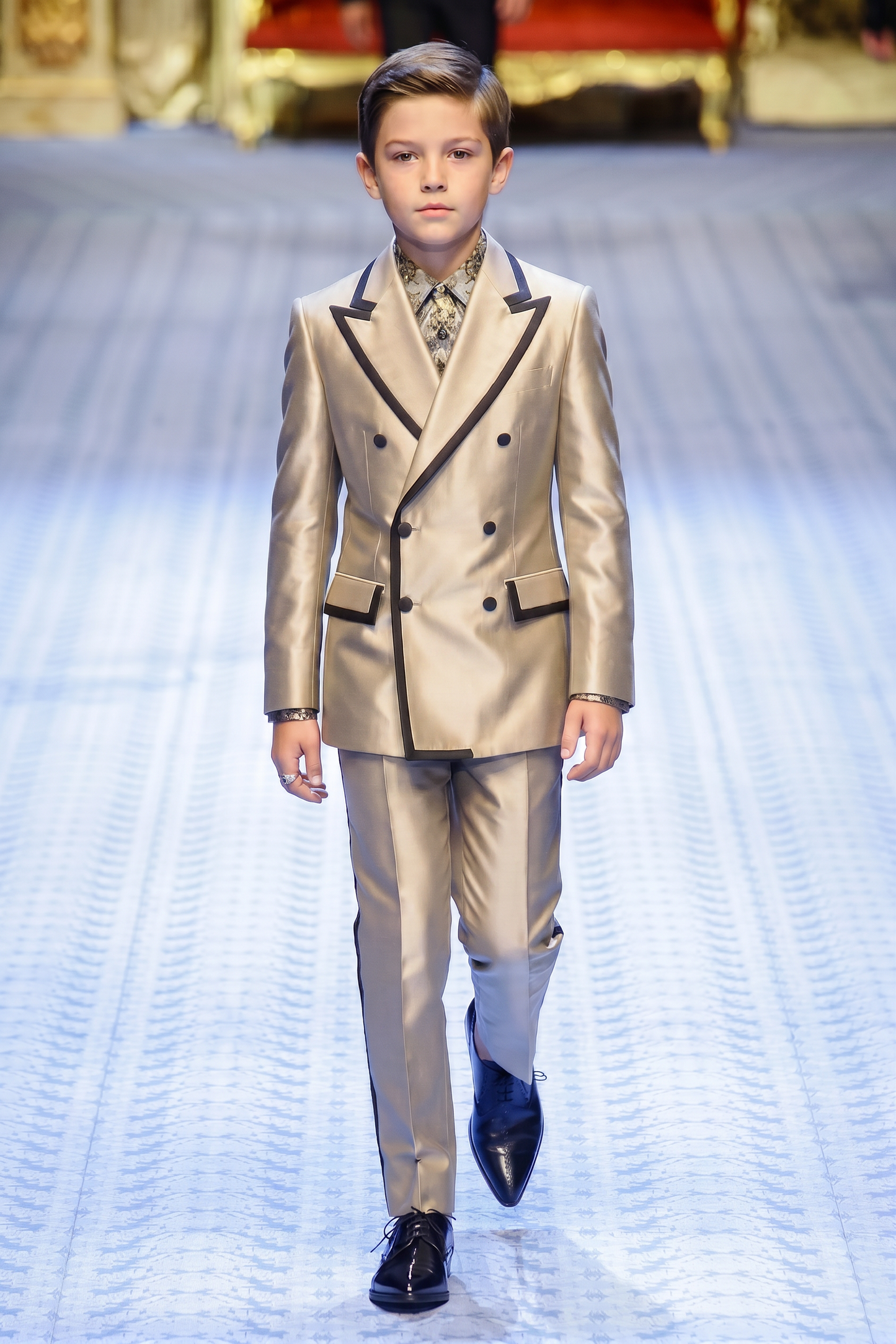Champagne-Colored Black Trim Satin Double-Breasted 2-Piece Suit