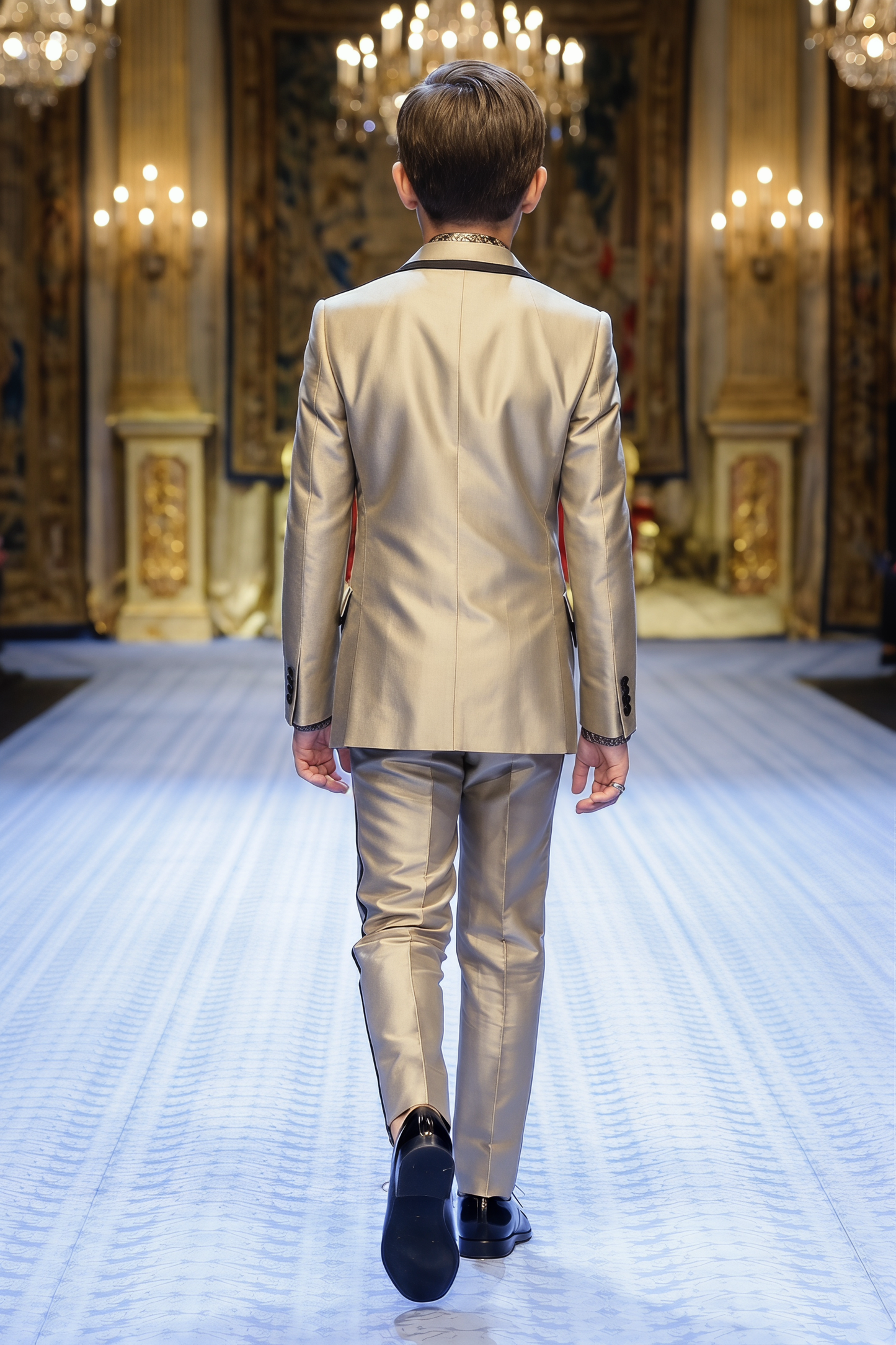 Champagne-Colored Black Trim Satin Double-Breasted 2-Piece Suit