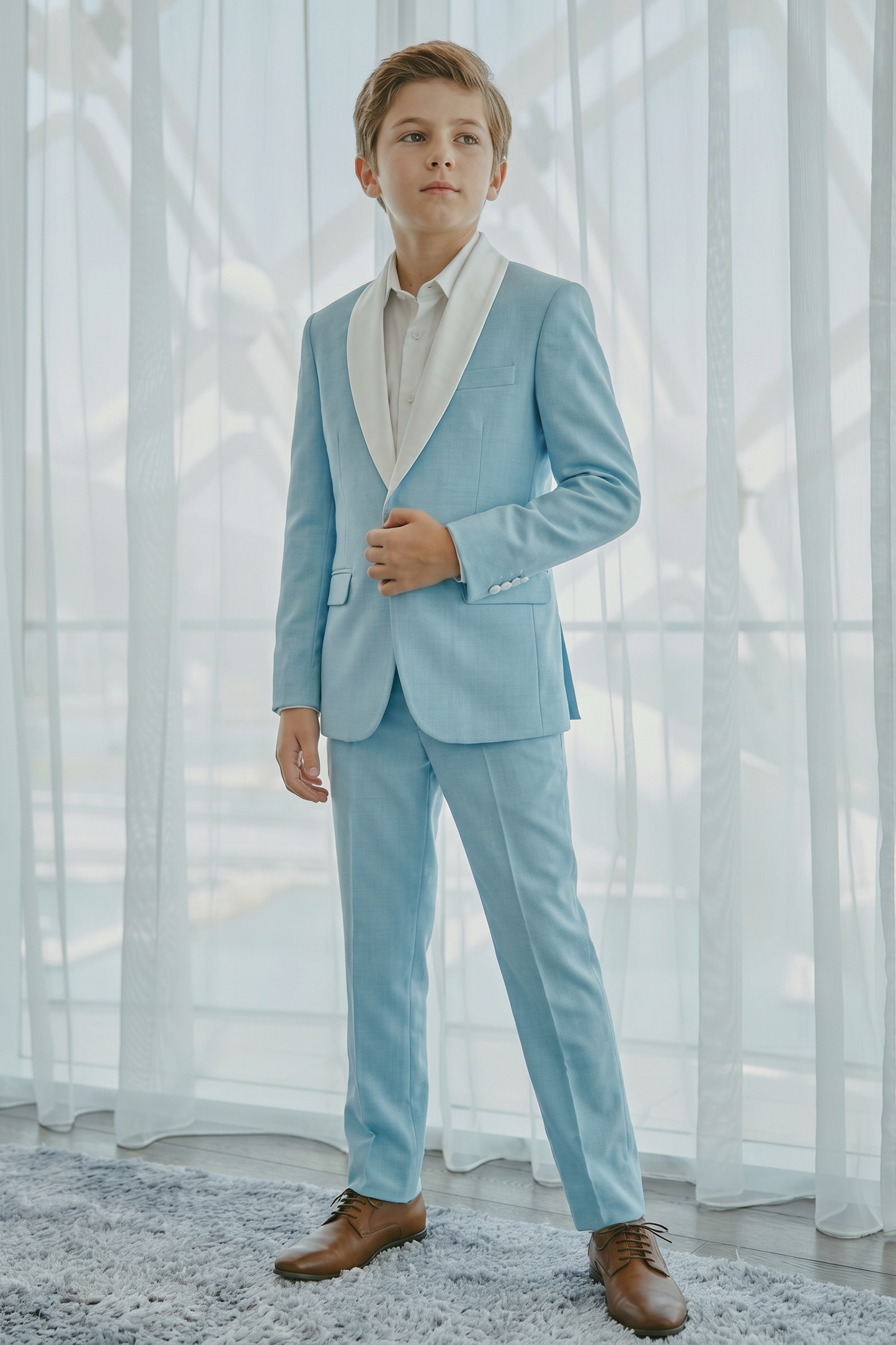 Light Sky Blue And White Cotton Linen Single-Breasted 2-Piece Suit