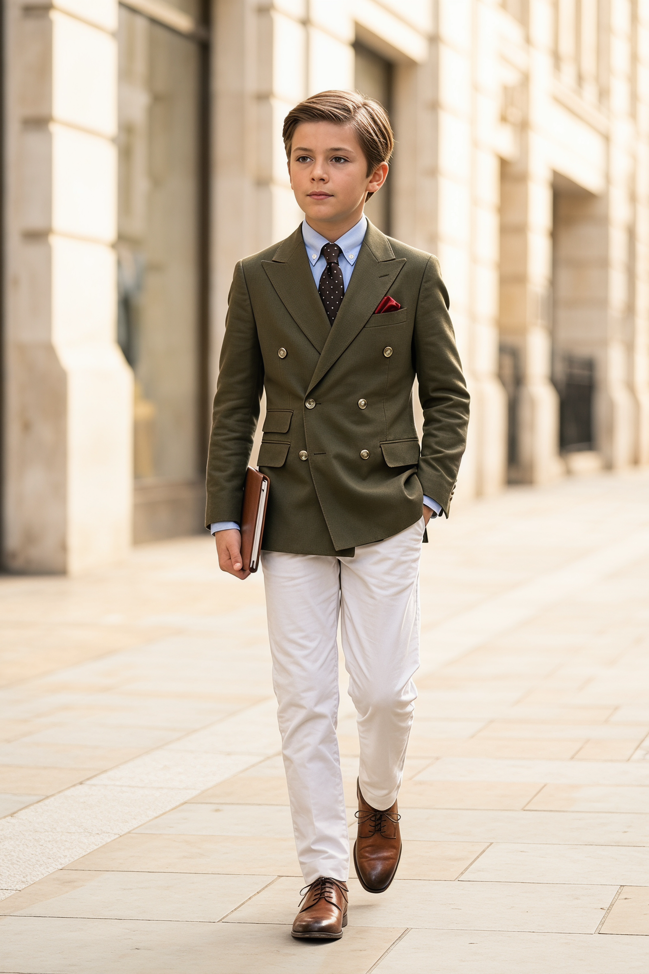 Olive Green And White Cotton And Linen Double-Breasted 2-Piece Suit
