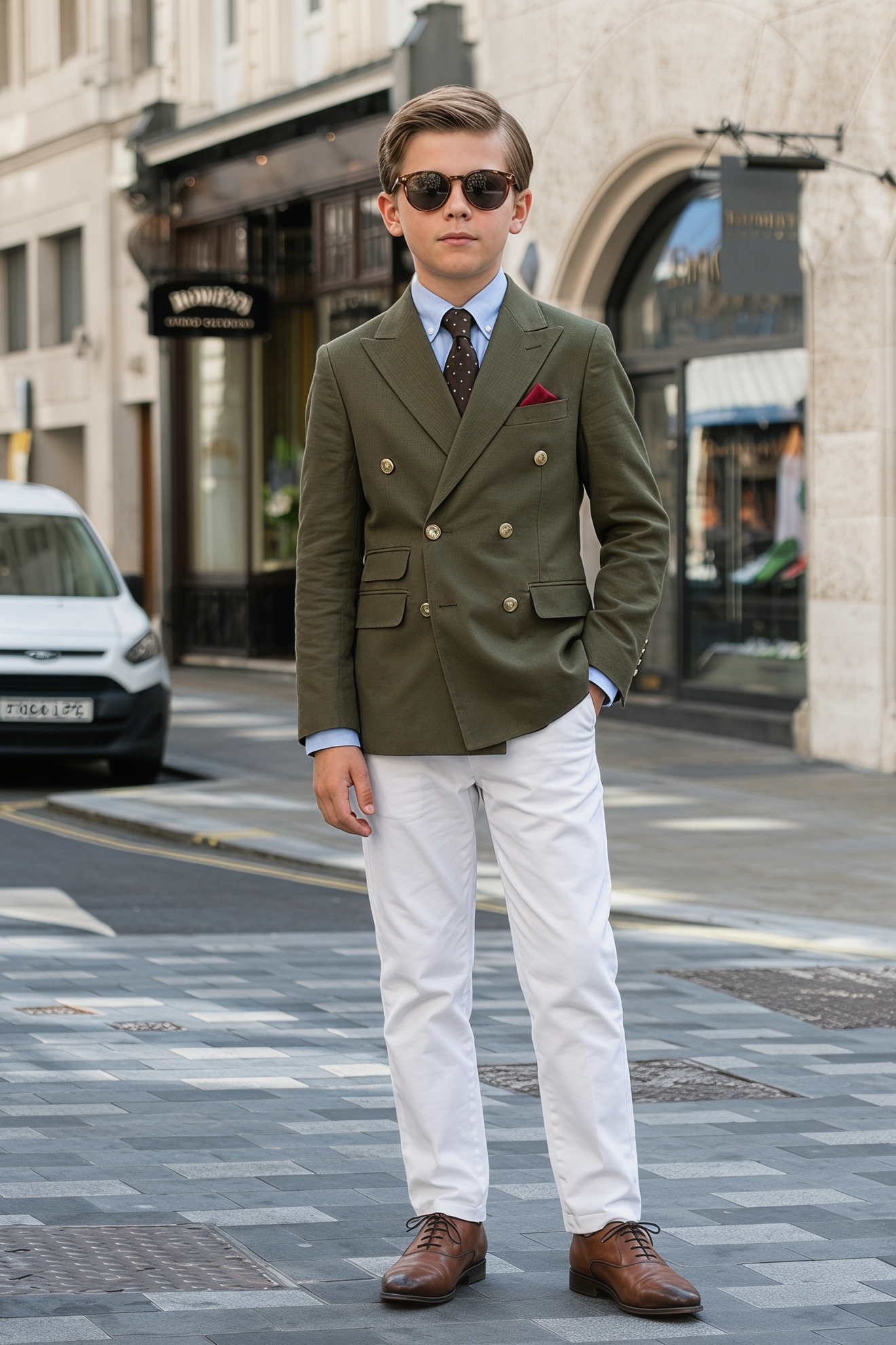 Olive Green And White Cotton And Linen Double-Breasted 2-Piece Suit