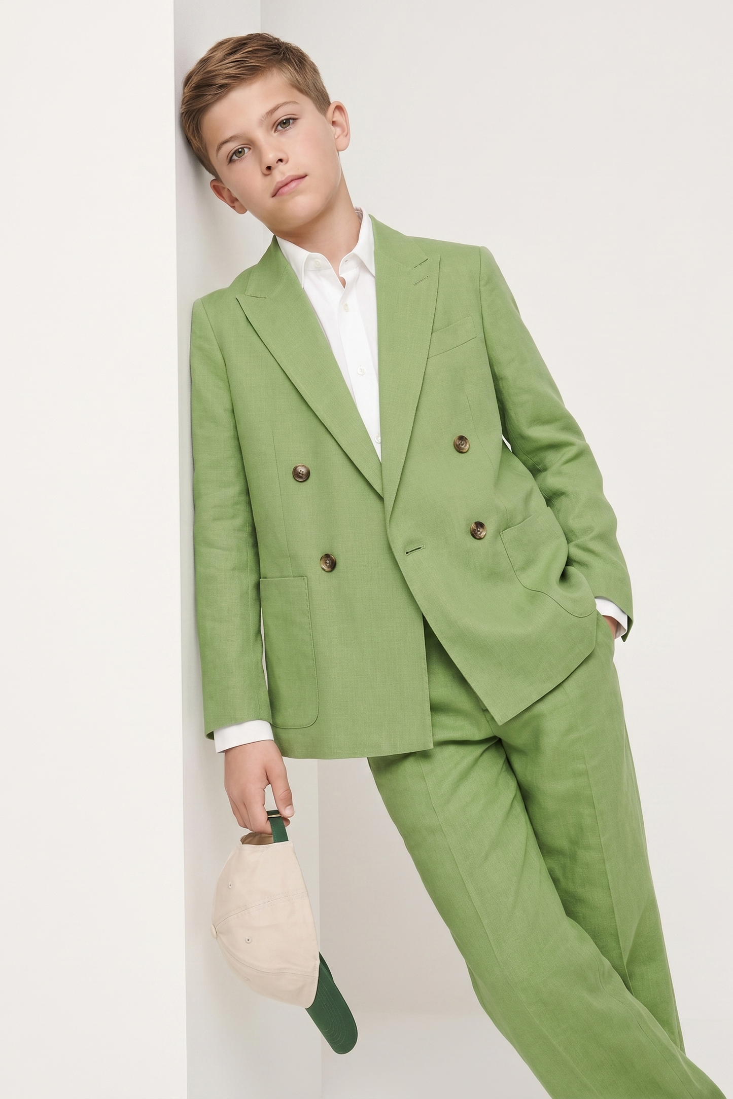 Apple-Green Linen-Blend Double-Breasted 2-Piece Suit