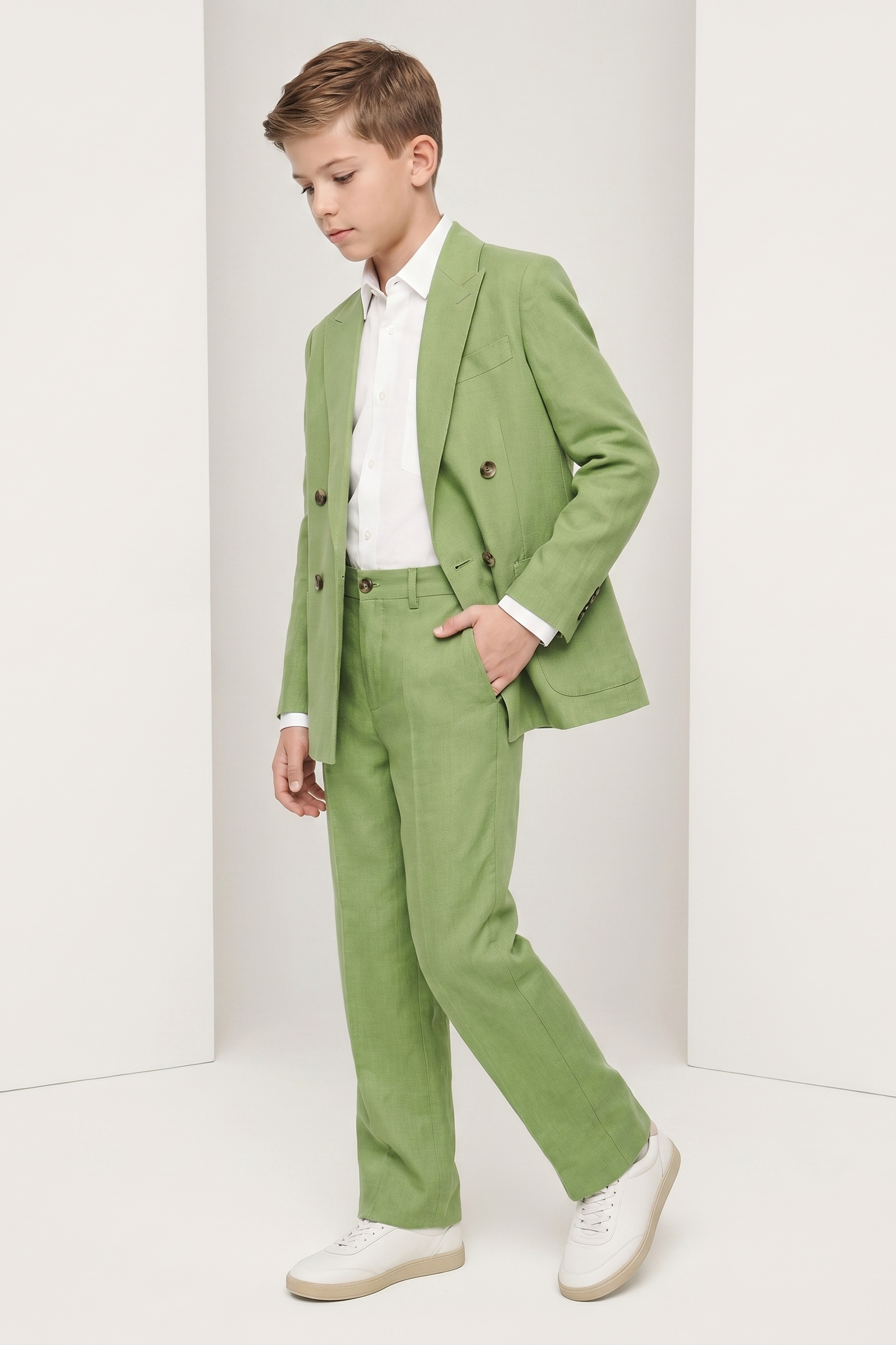 Apple-Green Linen-Blend Double-Breasted 2-Piece Suit