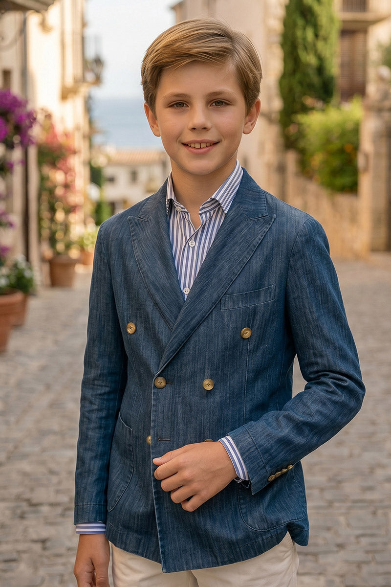 Boys Navy Double-Breasted Blazer with Beige Trousers 2-Piece Suit for Weddings