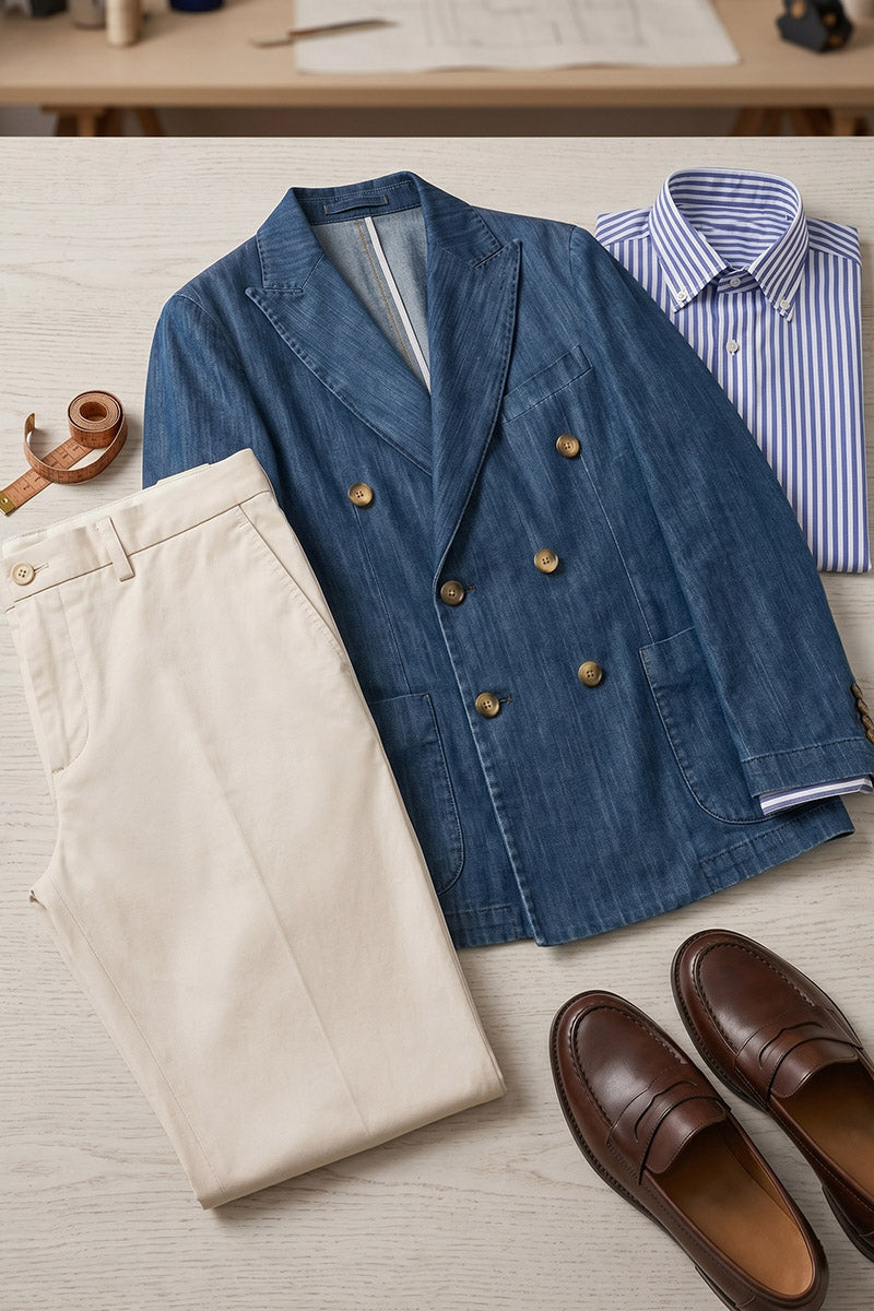 Boys Navy Double-Breasted Blazer with Beige Trousers 2-Piece Suit for Weddings