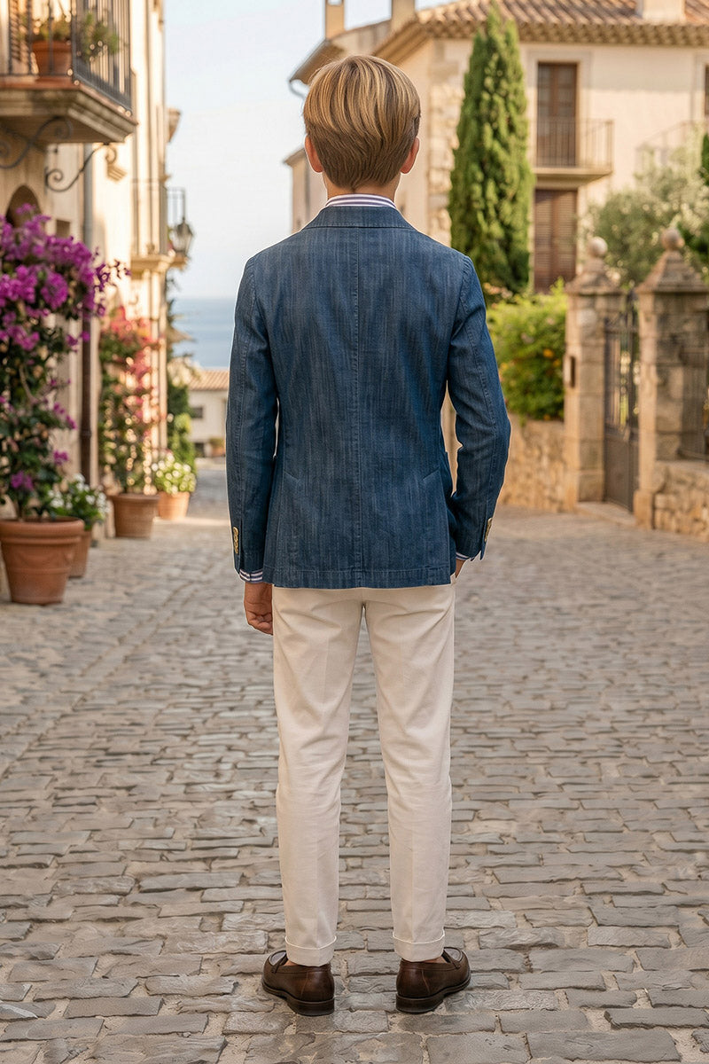 Boys Navy Double-Breasted Blazer with Beige Trousers 2-Piece Suit for Weddings