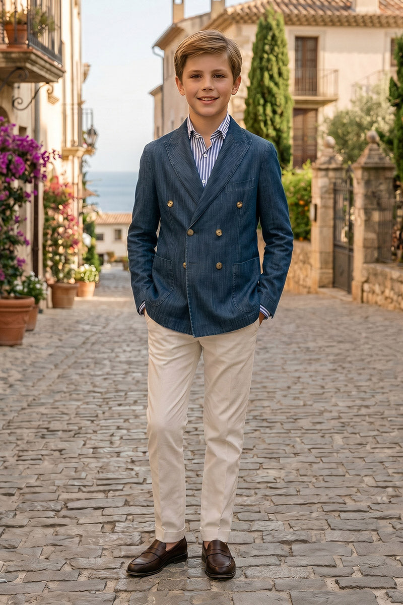 Boys Navy Double-Breasted Blazer with Beige Trousers 2-Piece Suit for Weddings