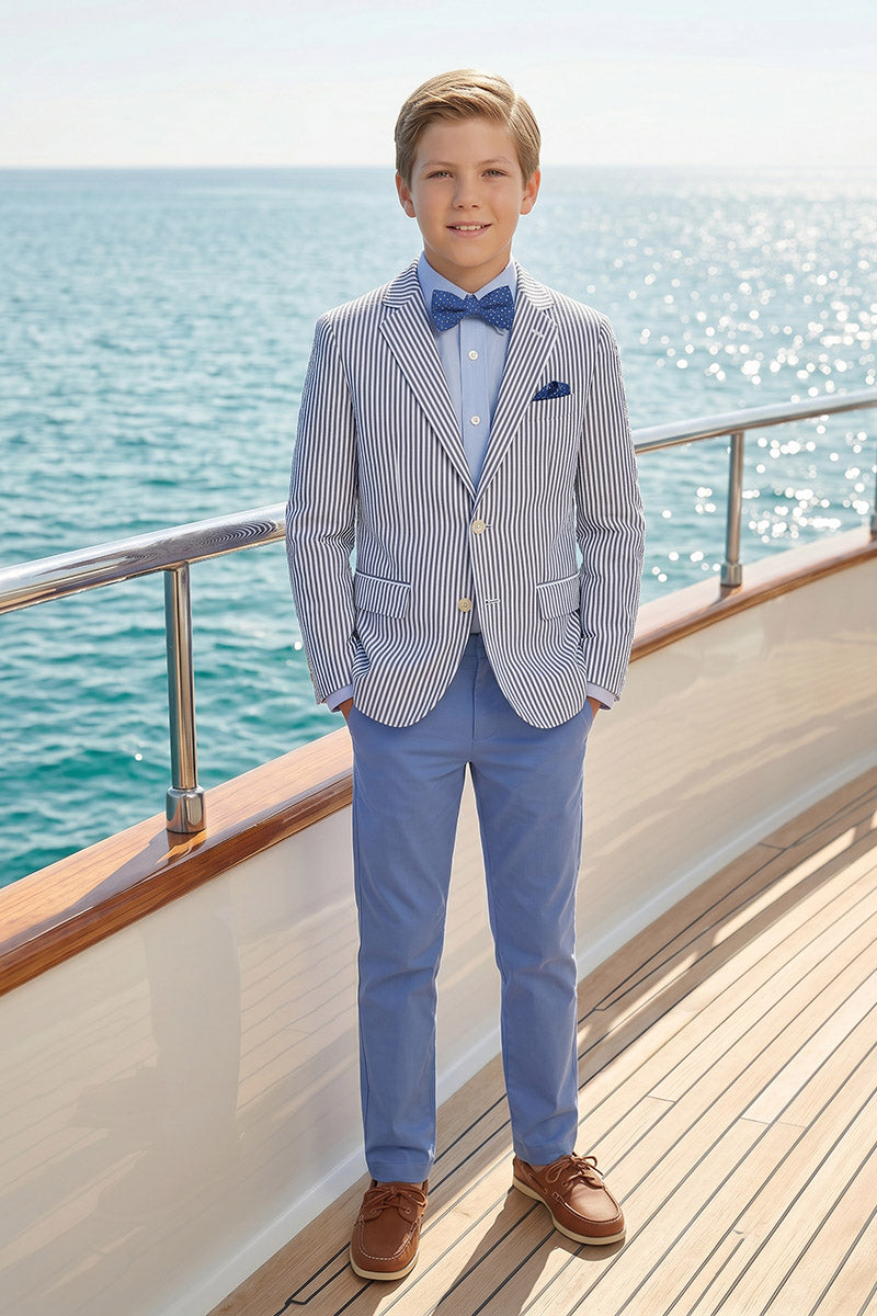 Boys Seersucker Stripe Blazer with Light Blue Trousers 2-Piece Suit for Weddings
