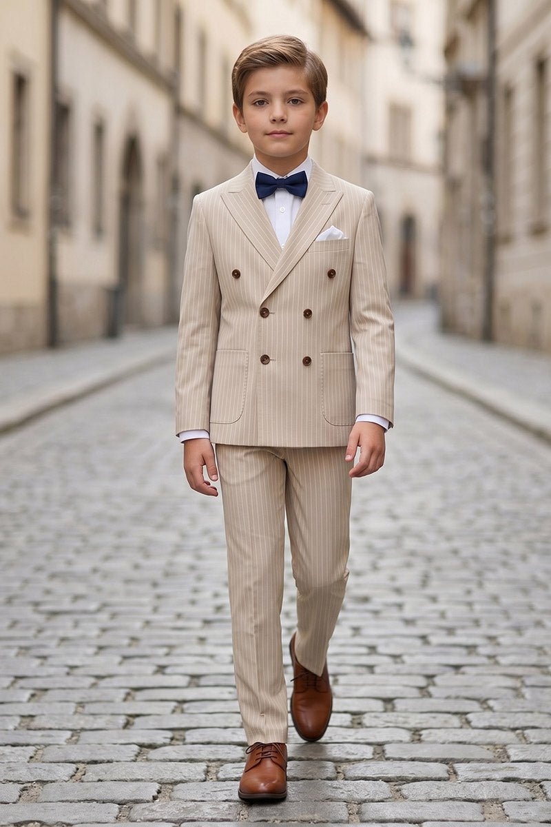 Boys Beige Pinstripe Double-Breasted 2-Piece Suit for Weddings