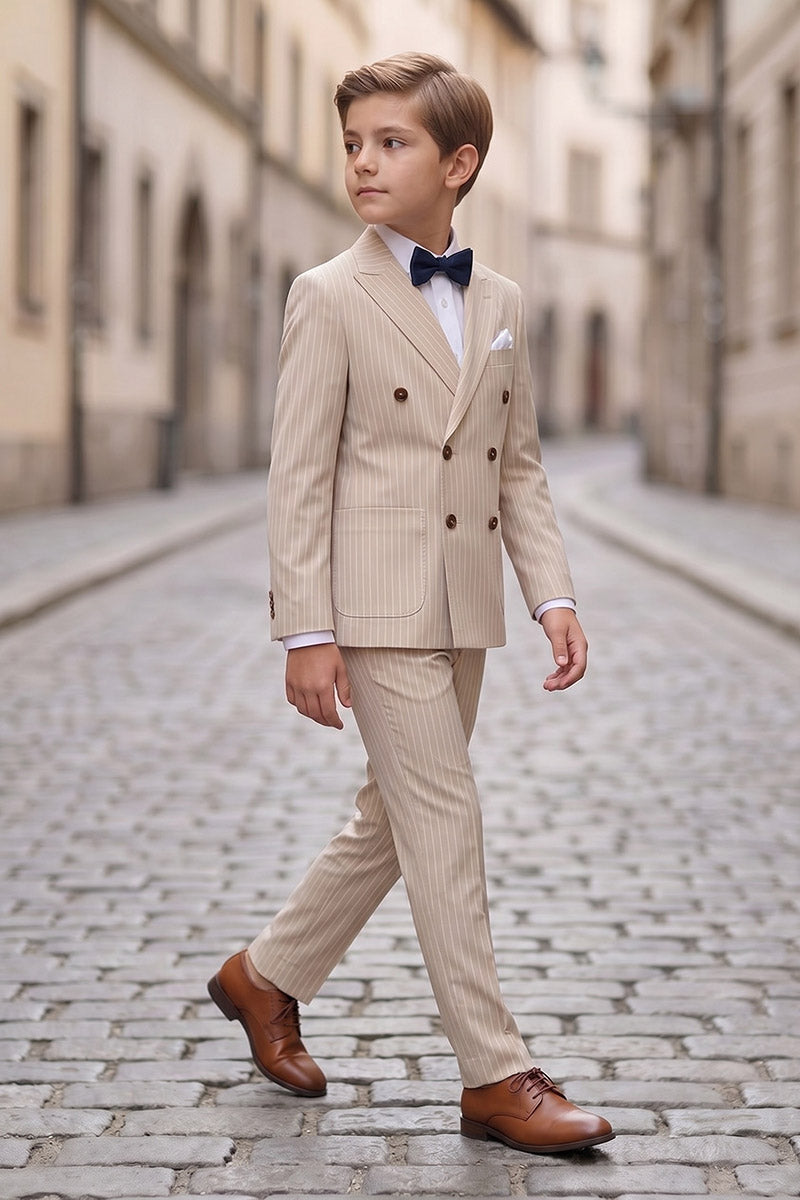 Boys Beige Pinstripe Double-Breasted 2-Piece Suit for Weddings