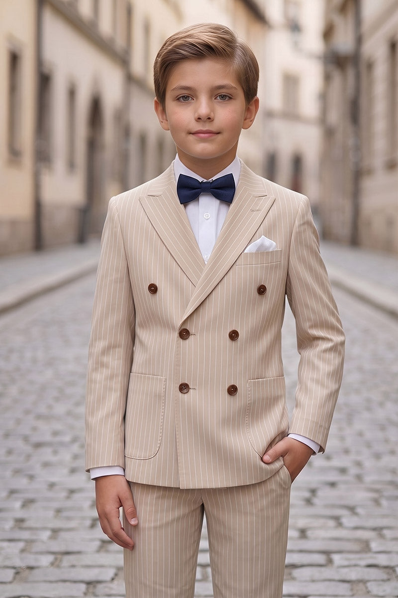 Boys Beige Pinstripe Double-Breasted 2-Piece Suit for Weddings